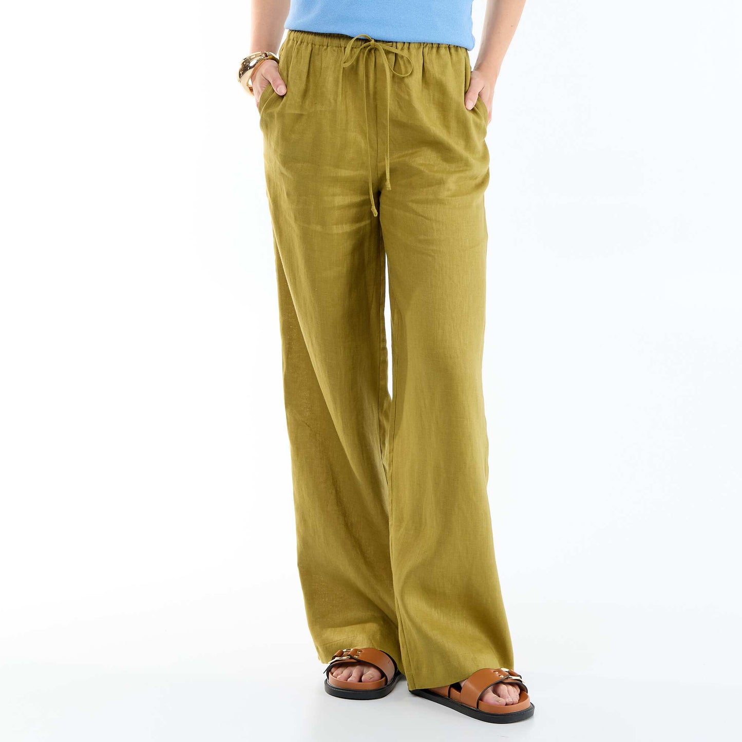 Pantalon large femme 100% lin taille élastiquée VERT