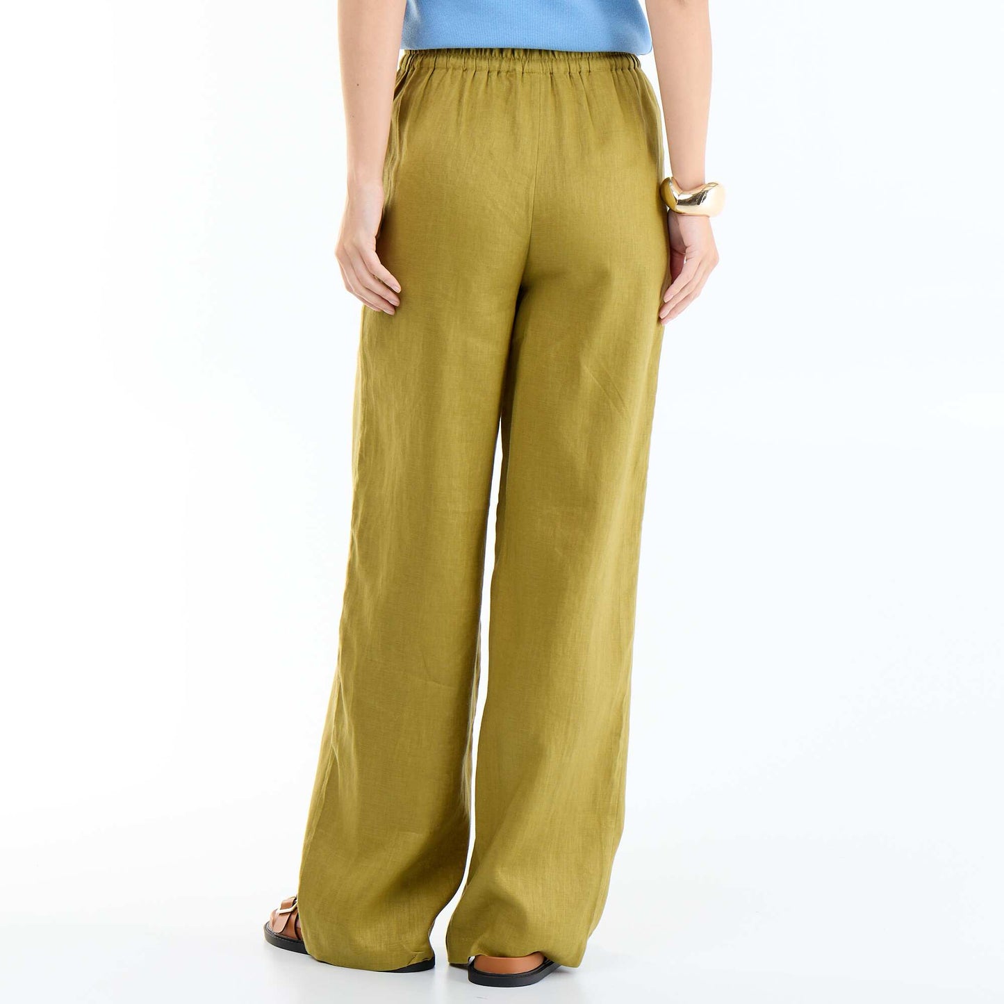 Pantalon large femme 100% lin taille élastiquée VERT