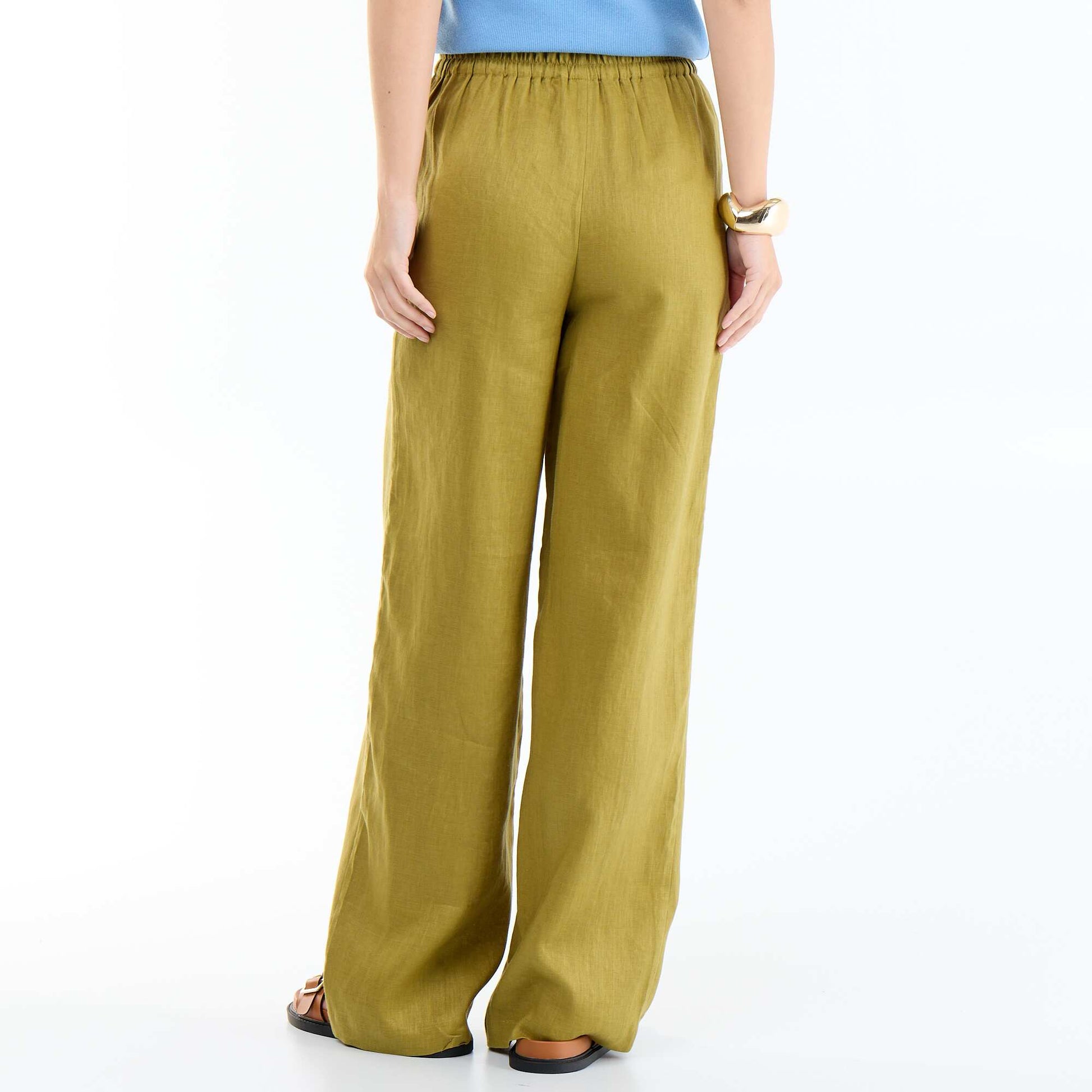 Pantalon large femme 100% lin taille élastiquée VERT