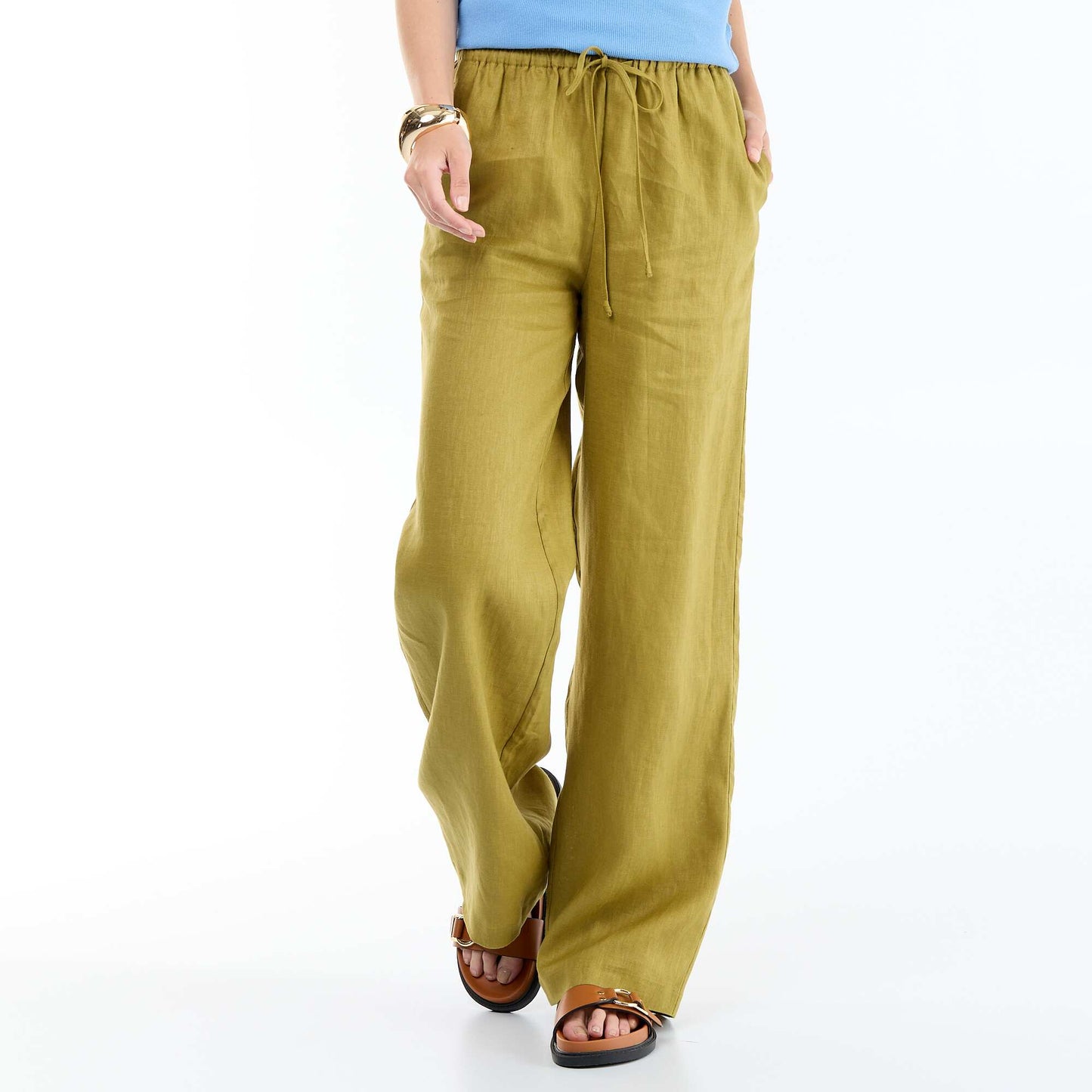 Pantalon large femme 100% lin taille élastiquée VERT