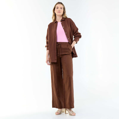 Pantalon large femme en 100% lin MARRON