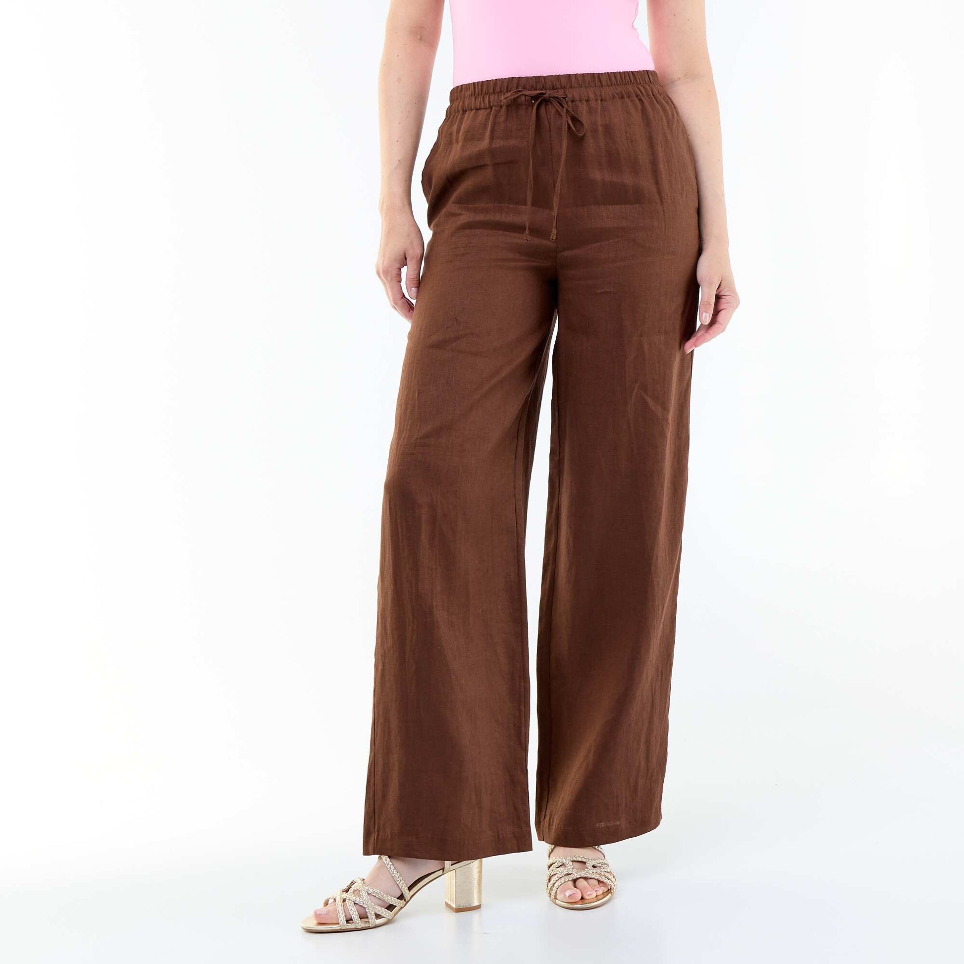 Pantalon large femme en 100% lin MARRON