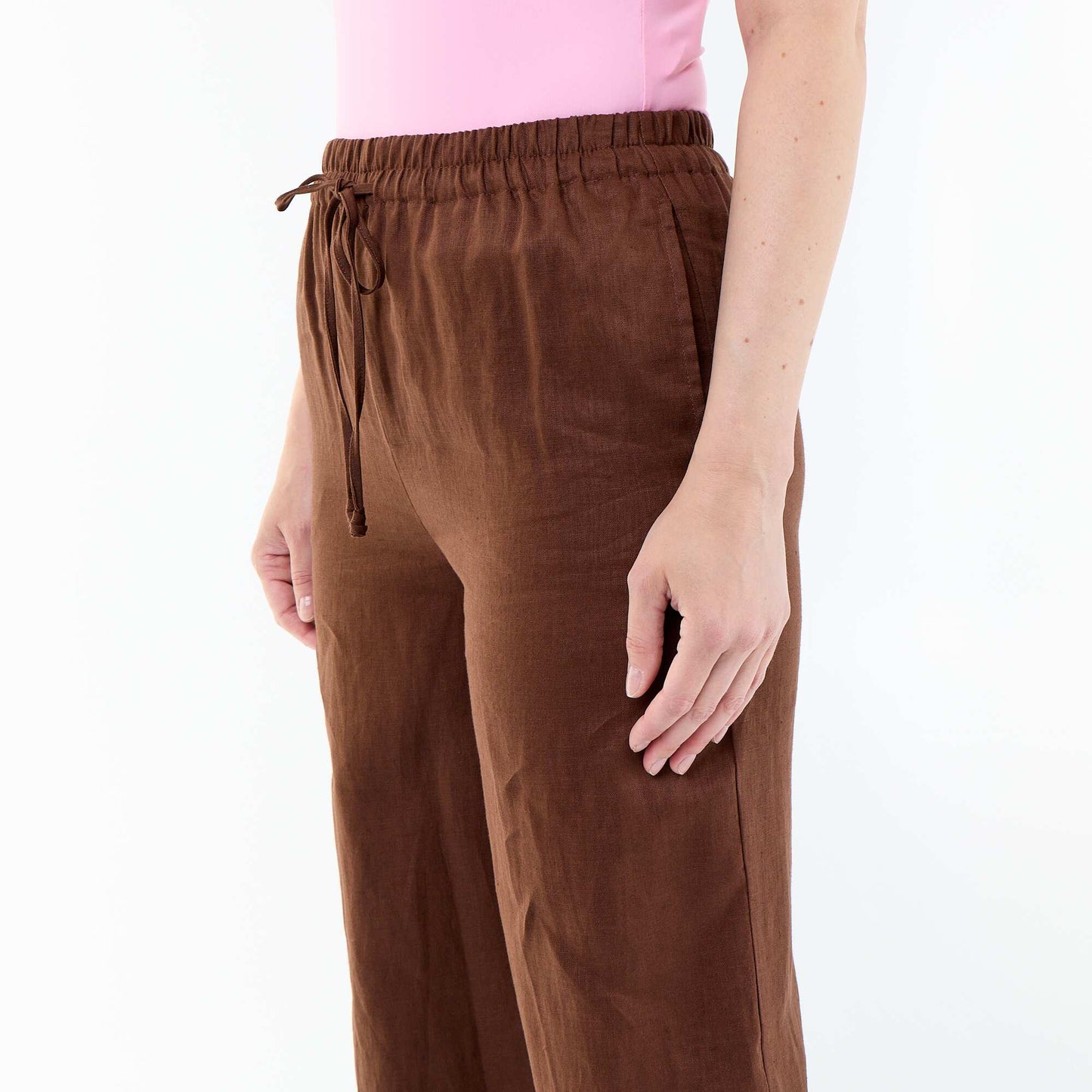 Pantalon large femme en 100% lin MARRON