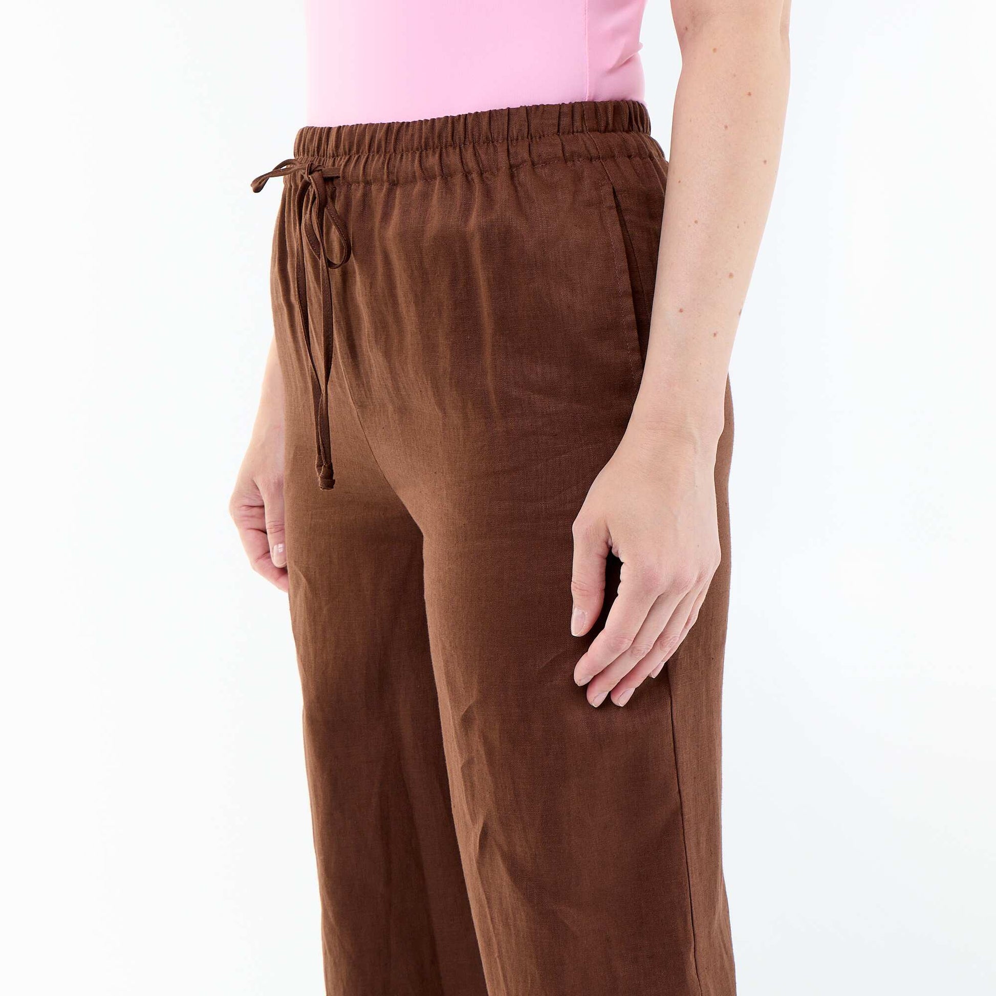 Pantalon large femme en 100% lin MARRON