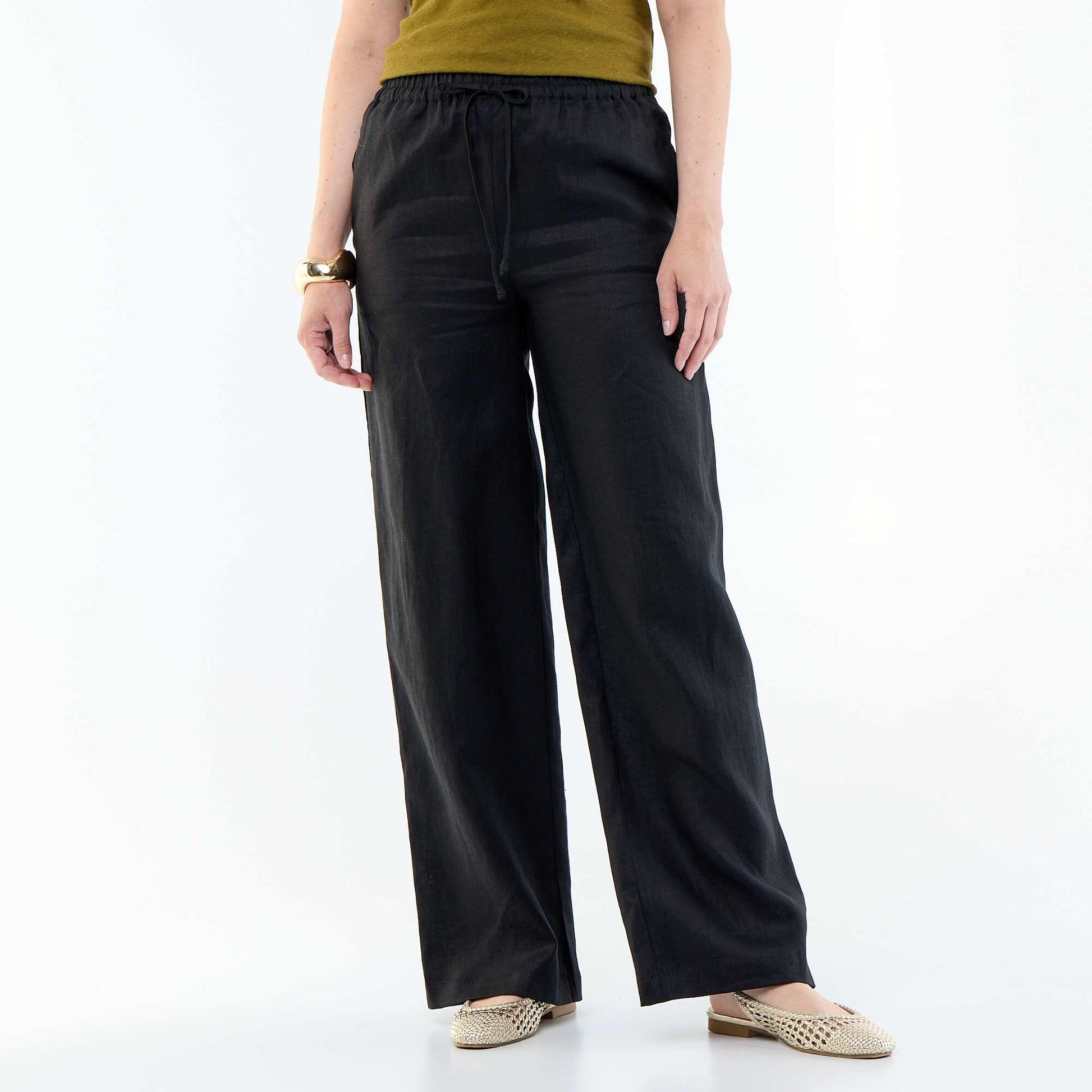 Pantalon large femme en 100% lin NOIR