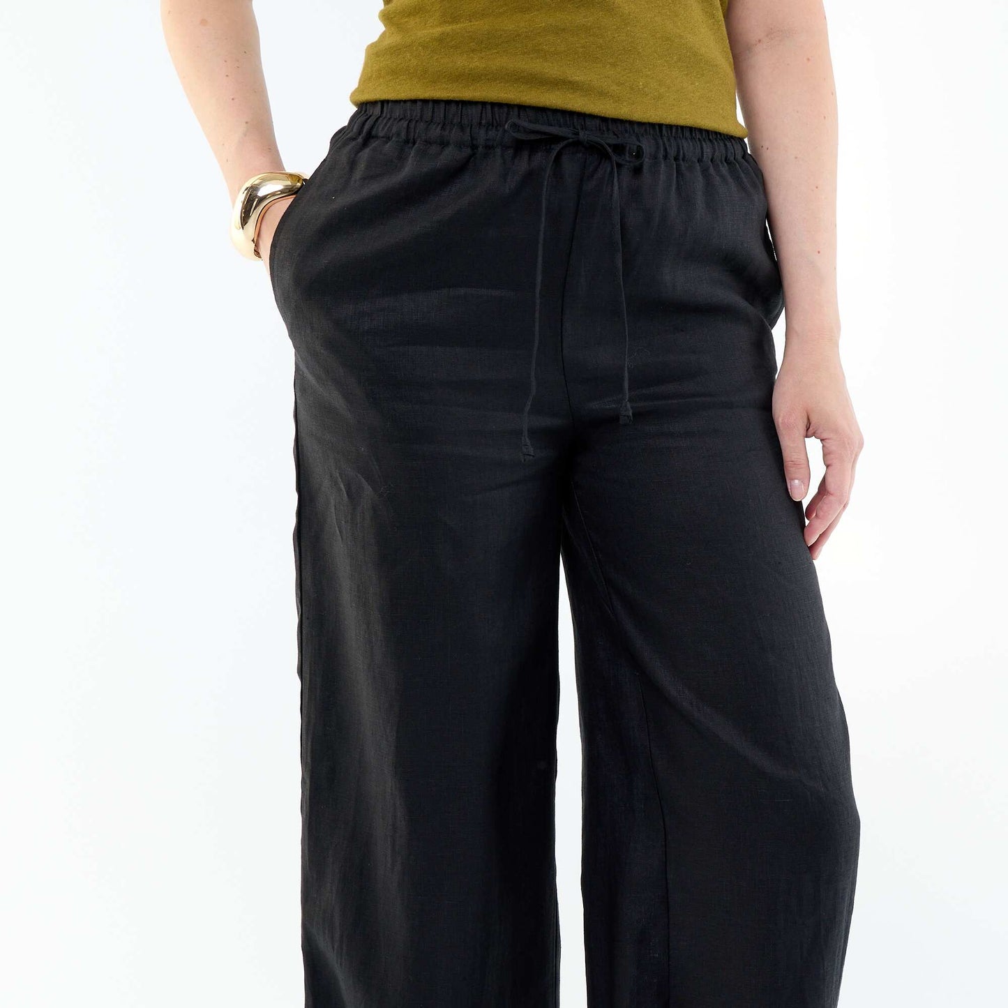 Pantalon large femme en 100% lin NOIR