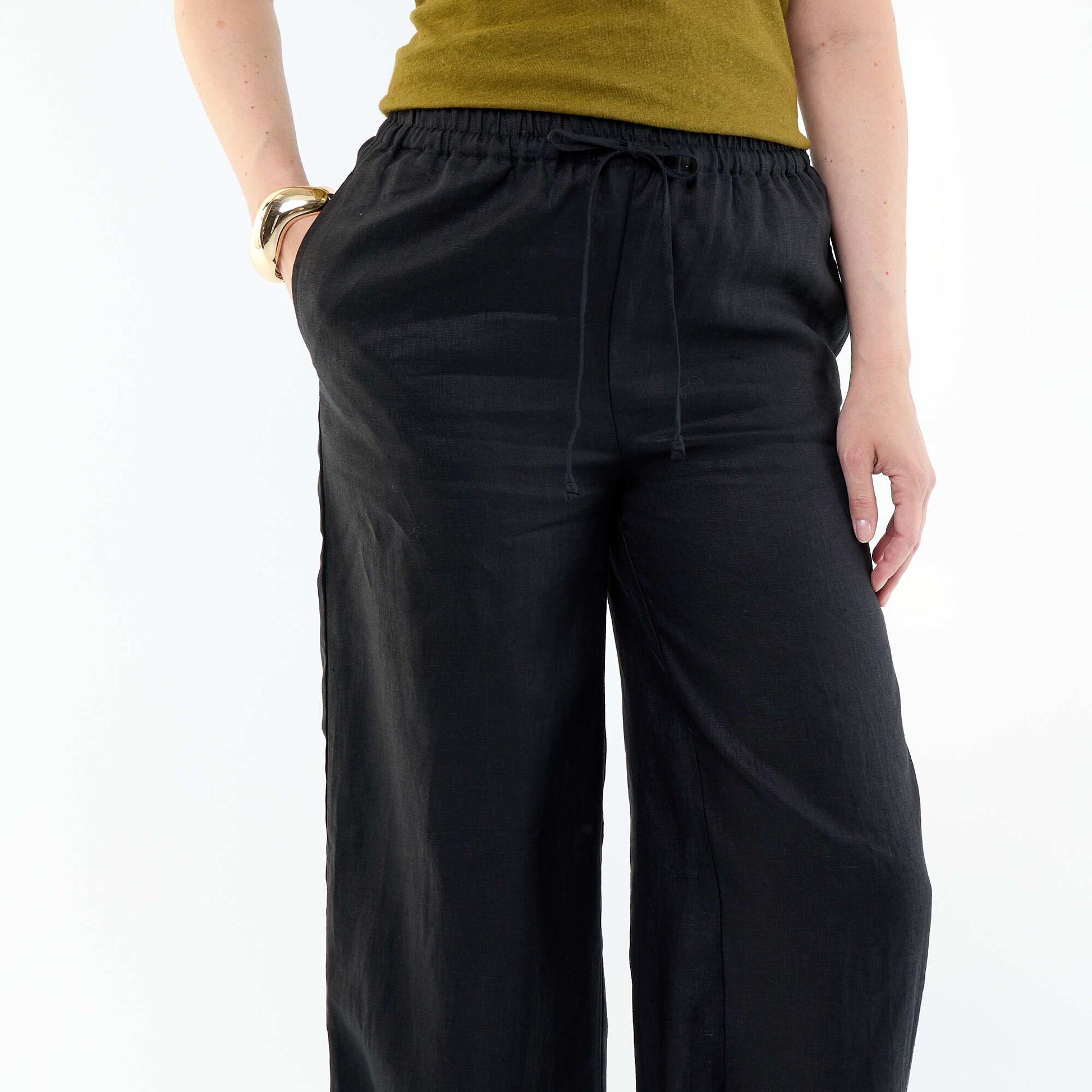 Pantalon large femme en 100% lin NOIR