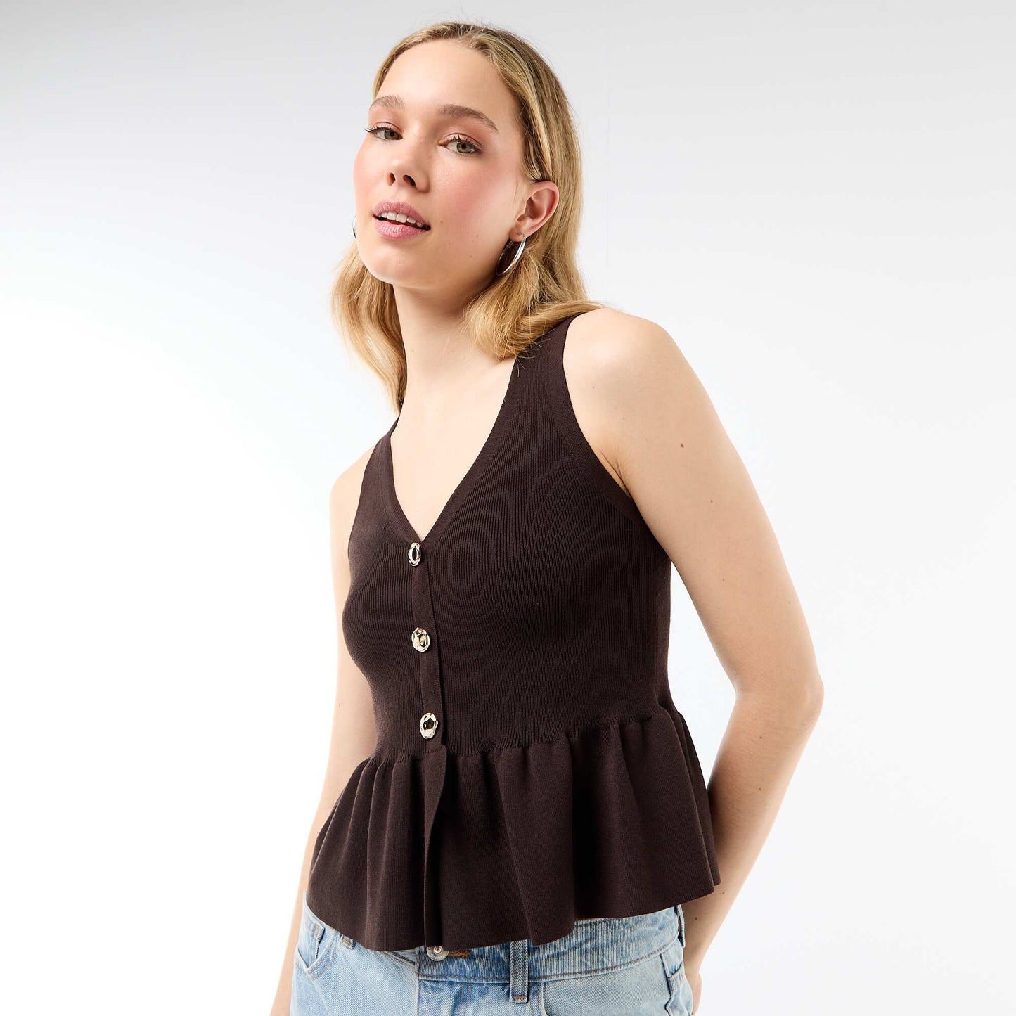 Gilet en maille fine jauge ouverture boutonnée MARRON