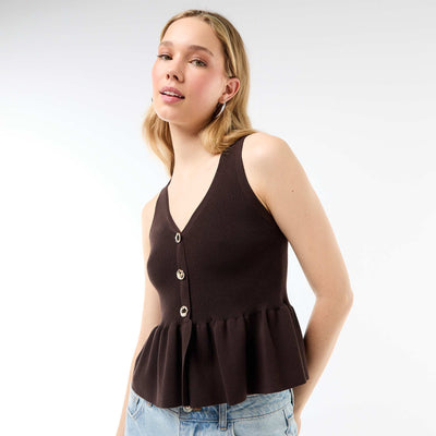 Gilet en maille fine jauge ouverture boutonnée MARRON