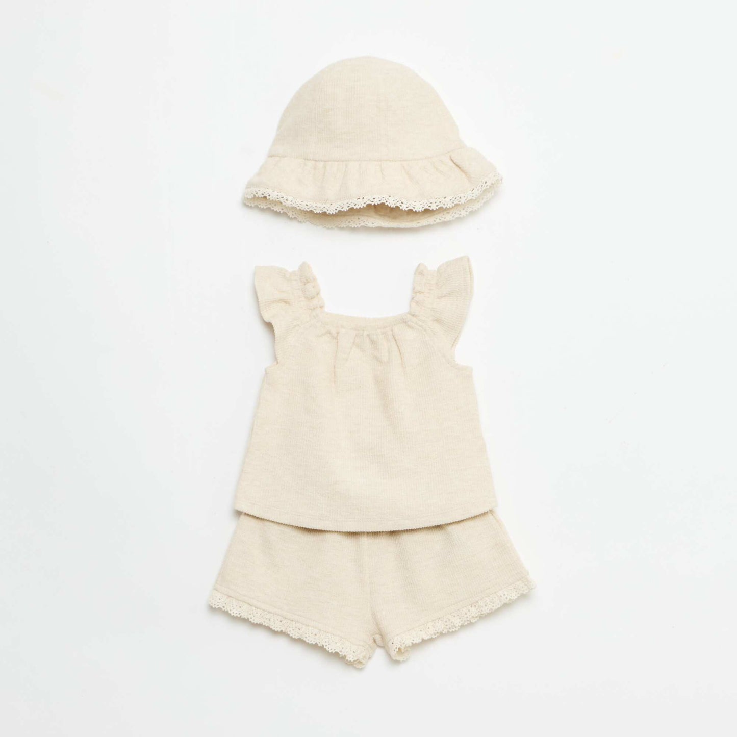 Ensemble 3 pièces en maille côtelée -  short + T-shirt + bob BEIGE