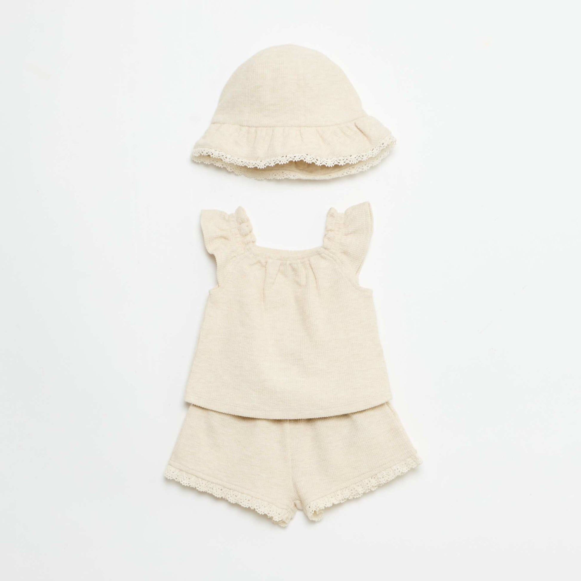 Ensemble 3 pièces en maille côtelée -  short + T-shirt + bob BEIGE