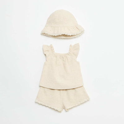 Ensemble 3 pièces en maille côtelée -  short + T-shirt + bob BEIGE