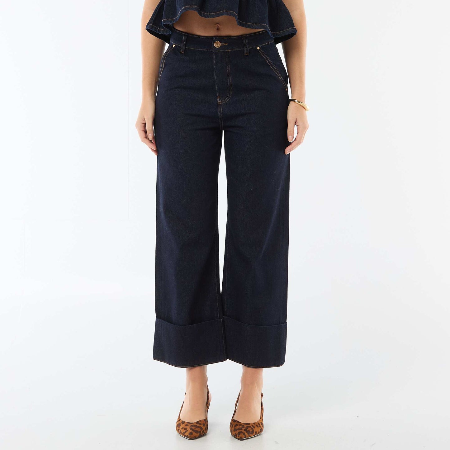 Jean taille haute avec revers en bas BLEU