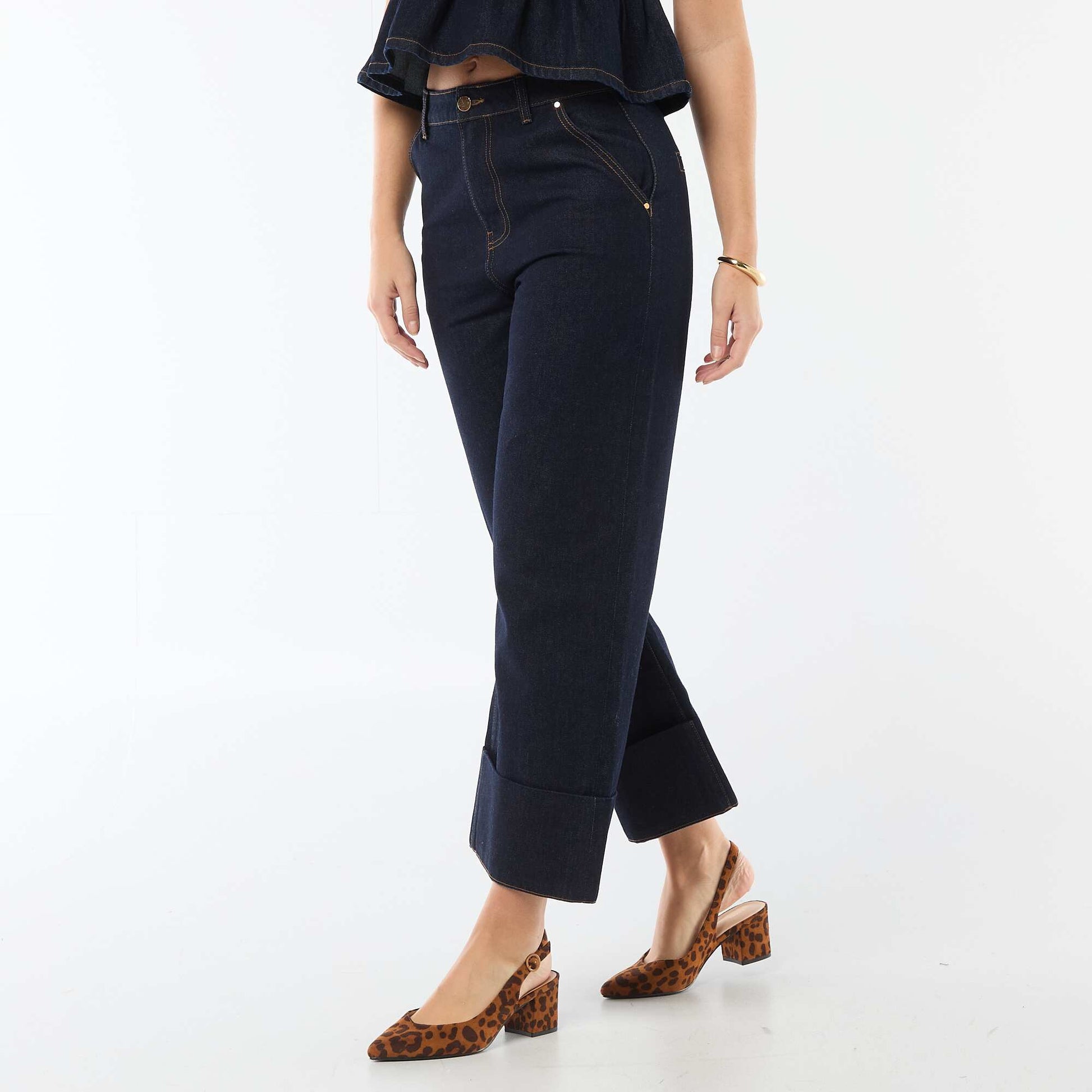 Jean taille haute avec revers en bas BLEU