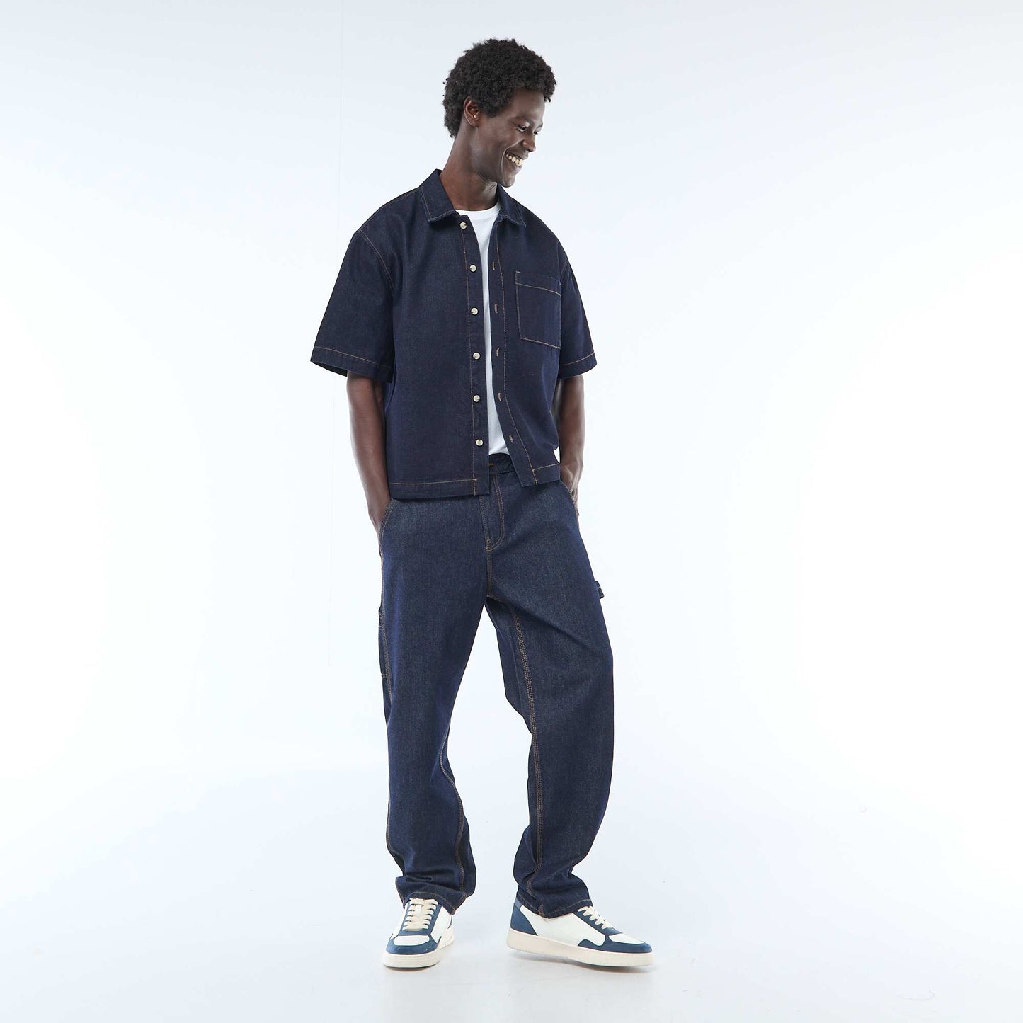 Chemise unie en jean à manches courtes BLEU