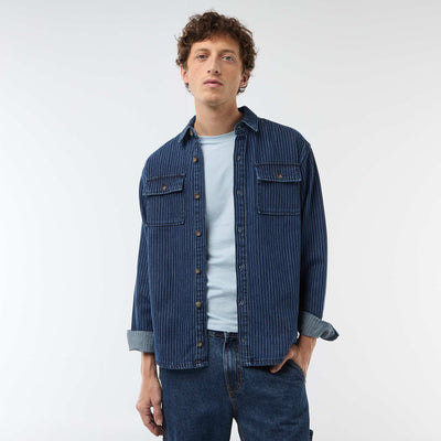Chemise en jean rayée avec poches plaquées à la poitrine BLEU