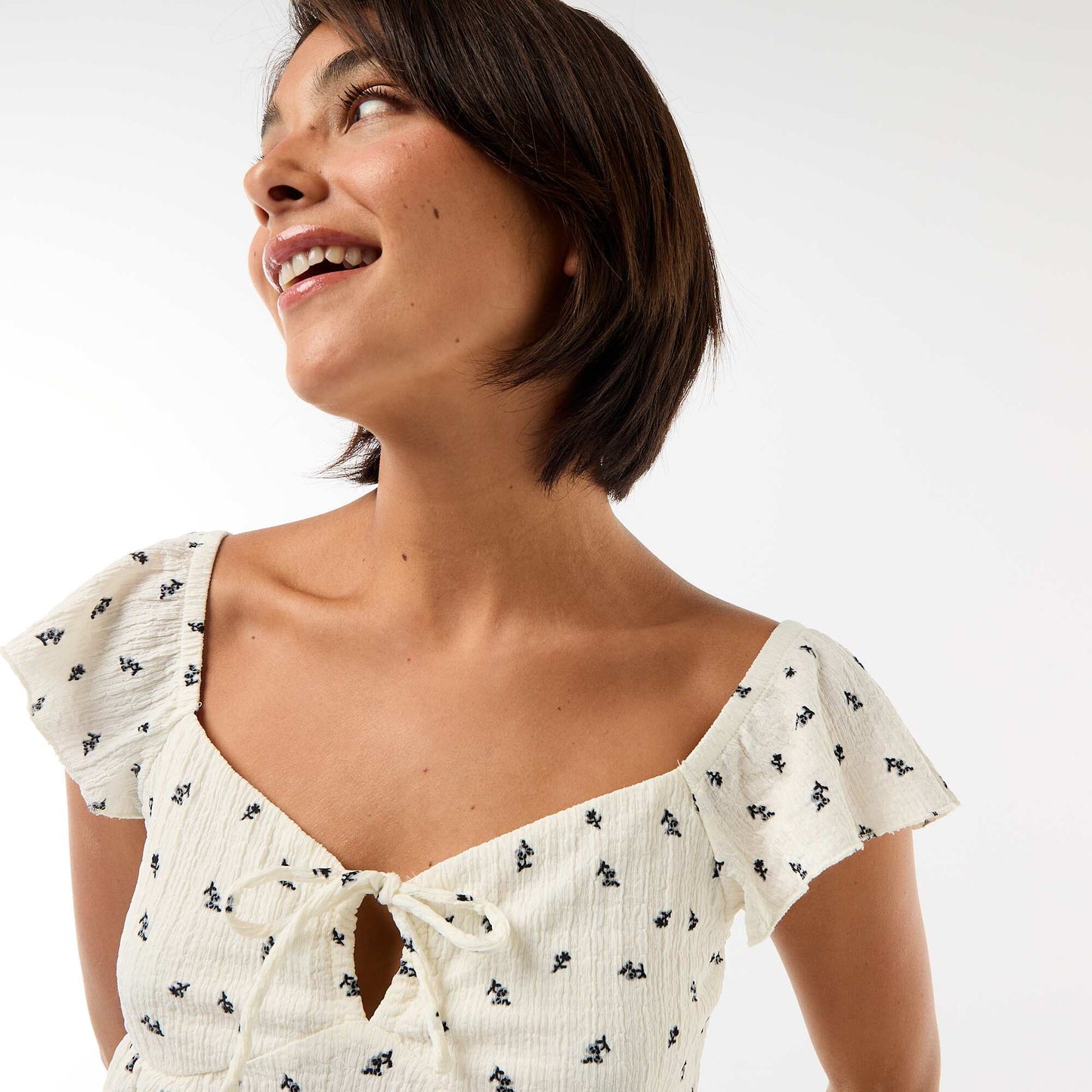Top imprimé en maille crinkle BLANC