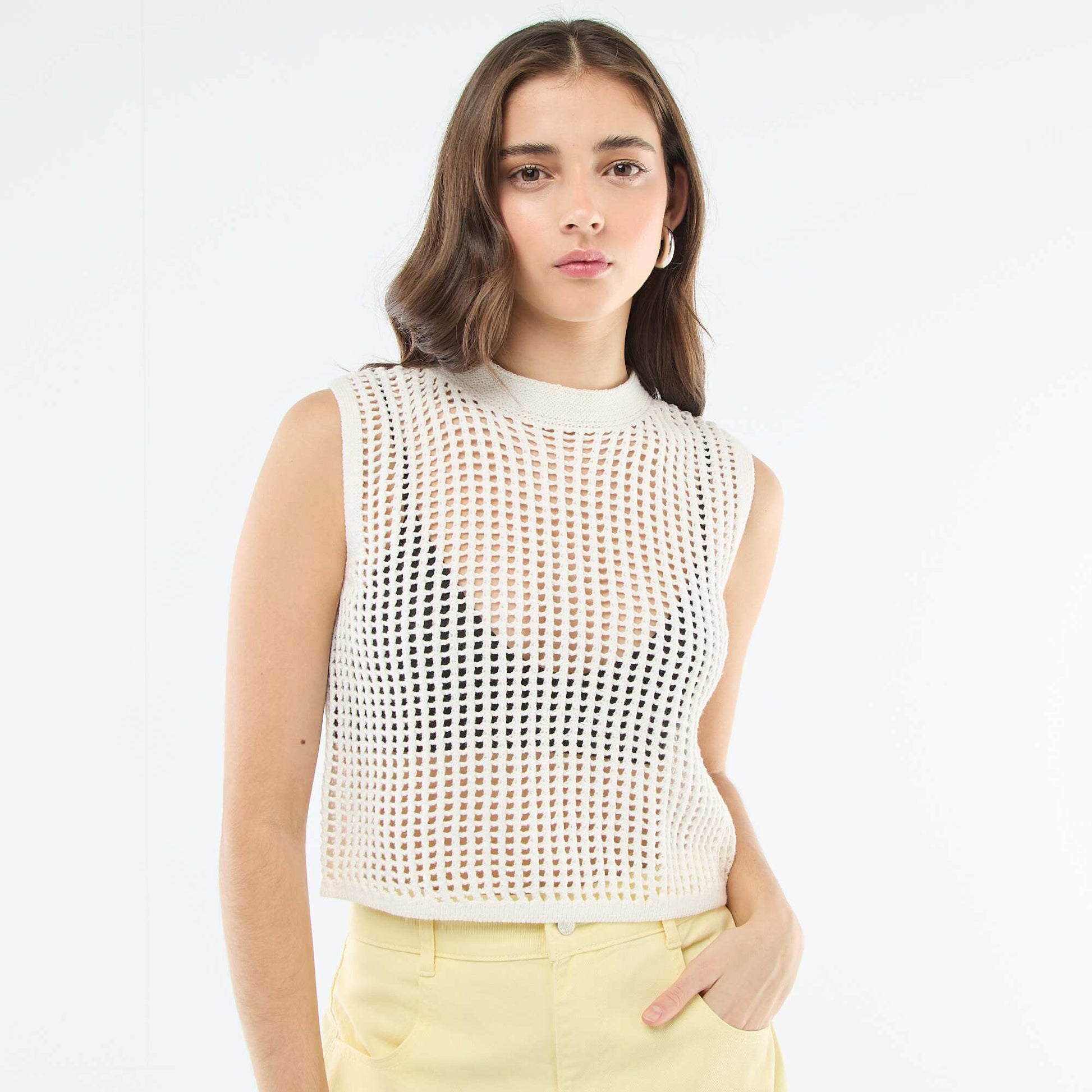 Top sans manches en crochet BLANC