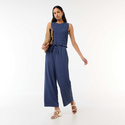 Pantalon large ne maille smockée BLEU