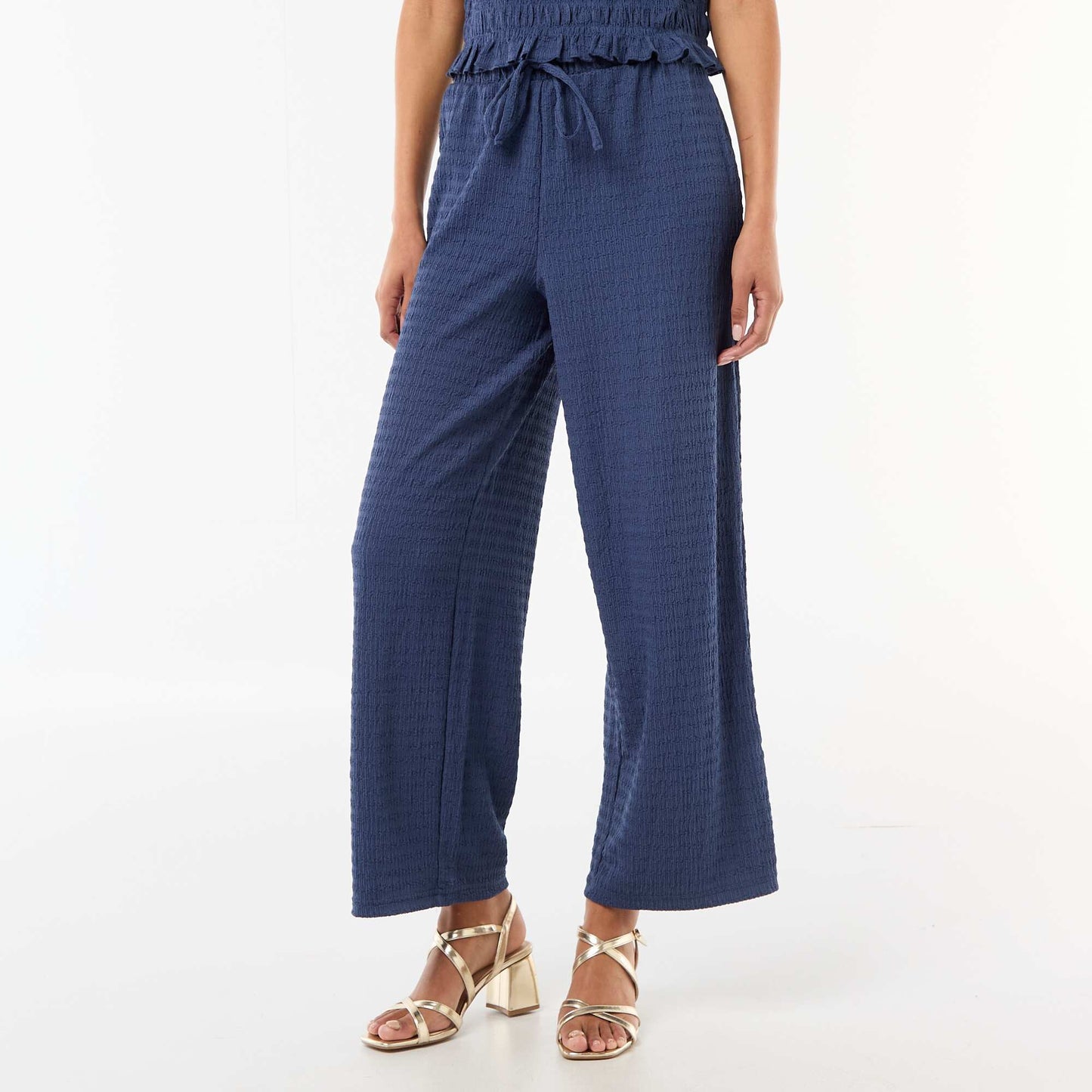 Pantalon large ne maille smockée BLEU
