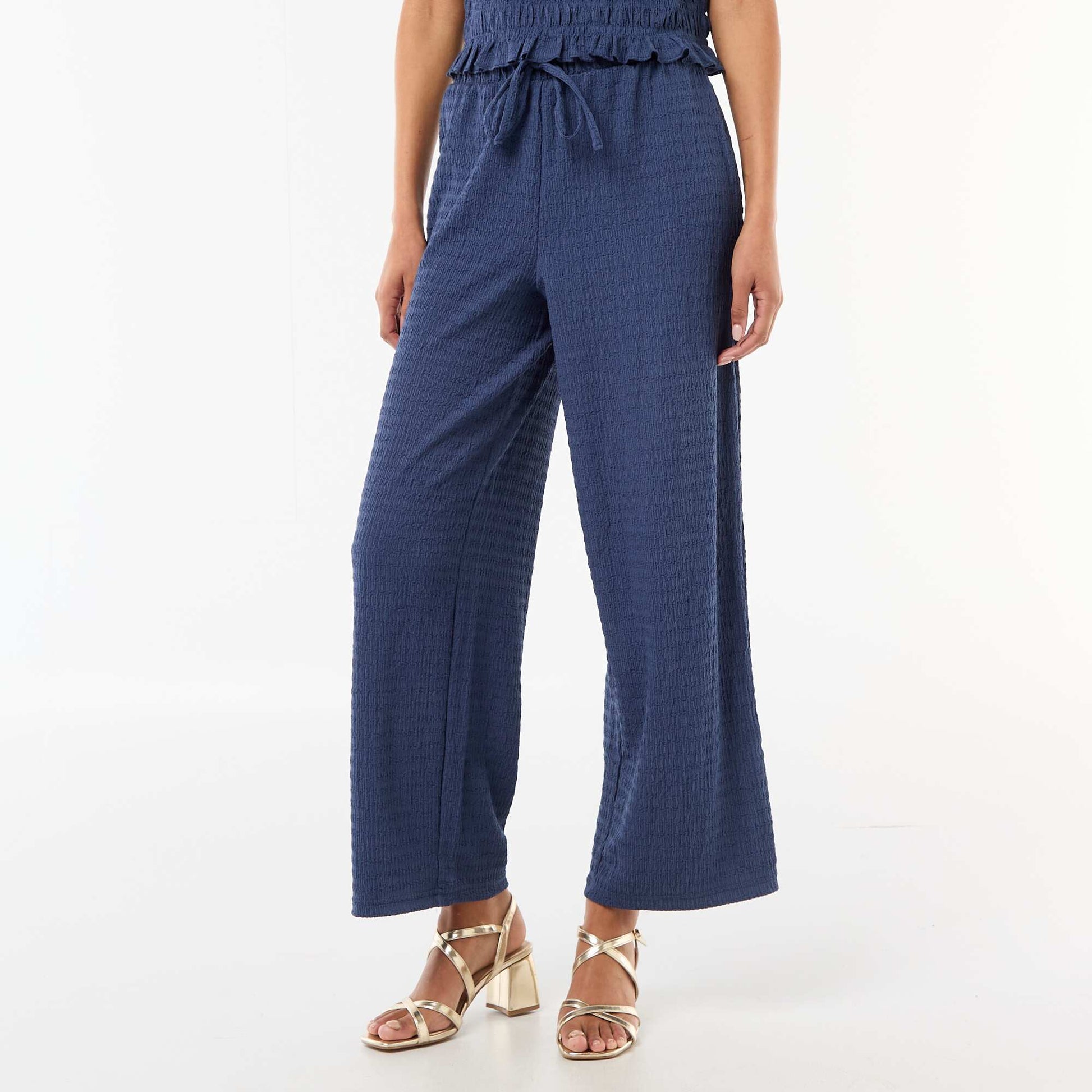 Pantalon large ne maille smockée BLEU