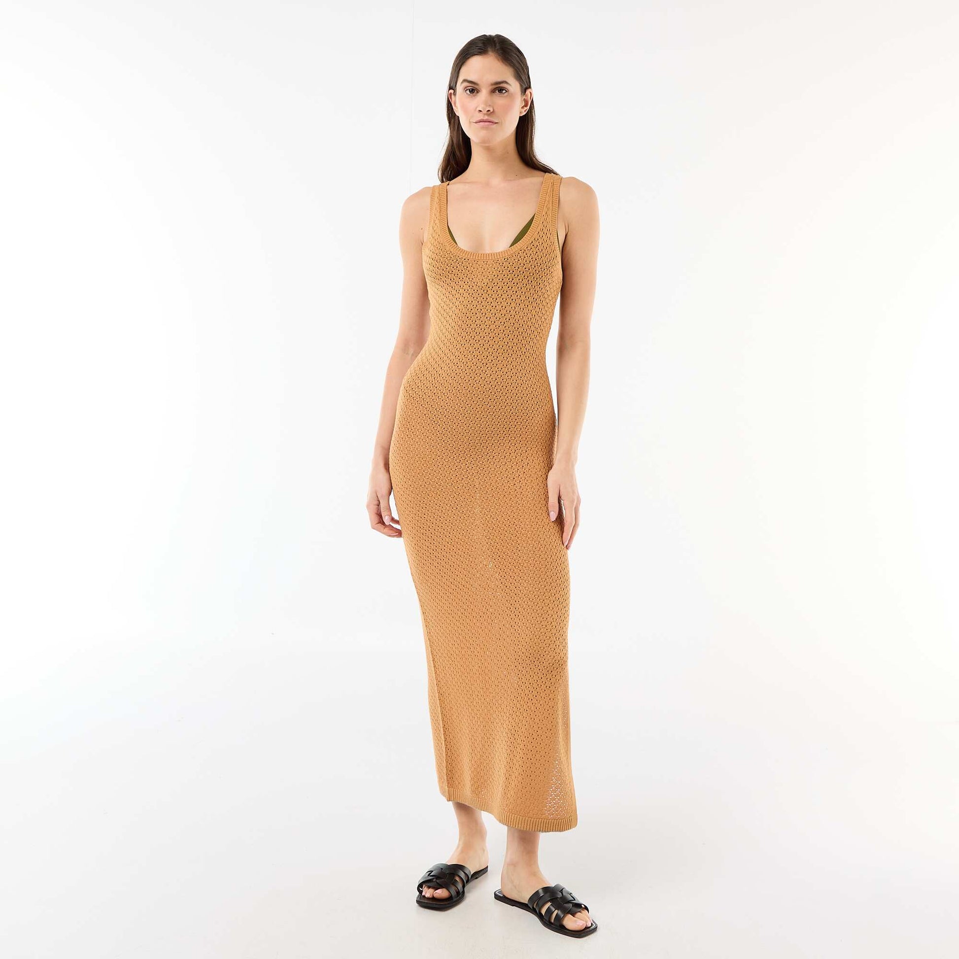 Robe longue de plage en maille crochet MARRON