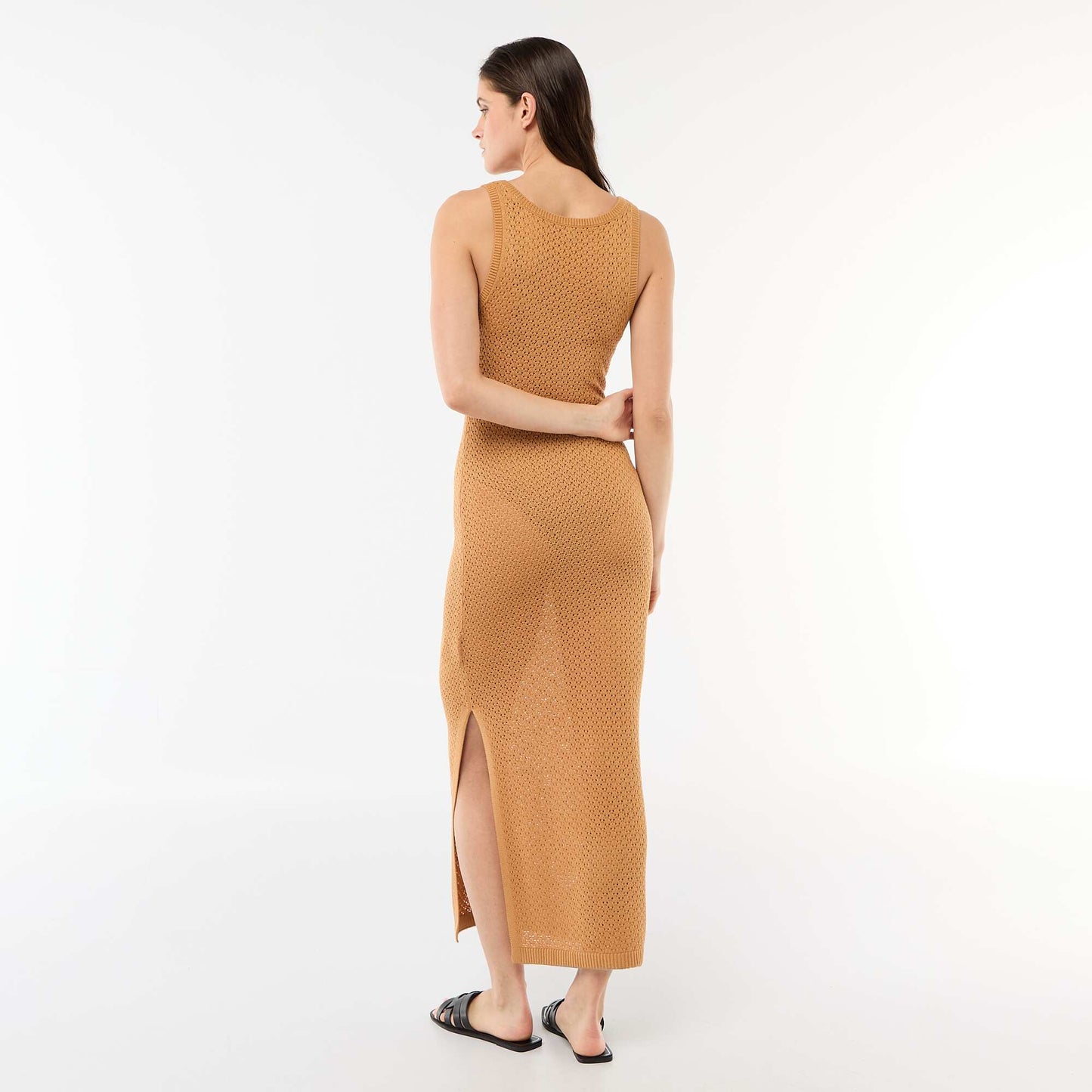 Robe longue de plage en maille crochet MARRON