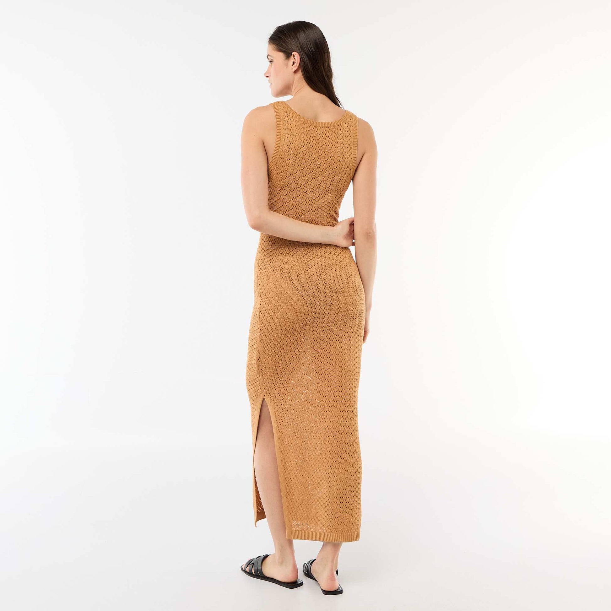 Robe longue de plage en maille crochet MARRON