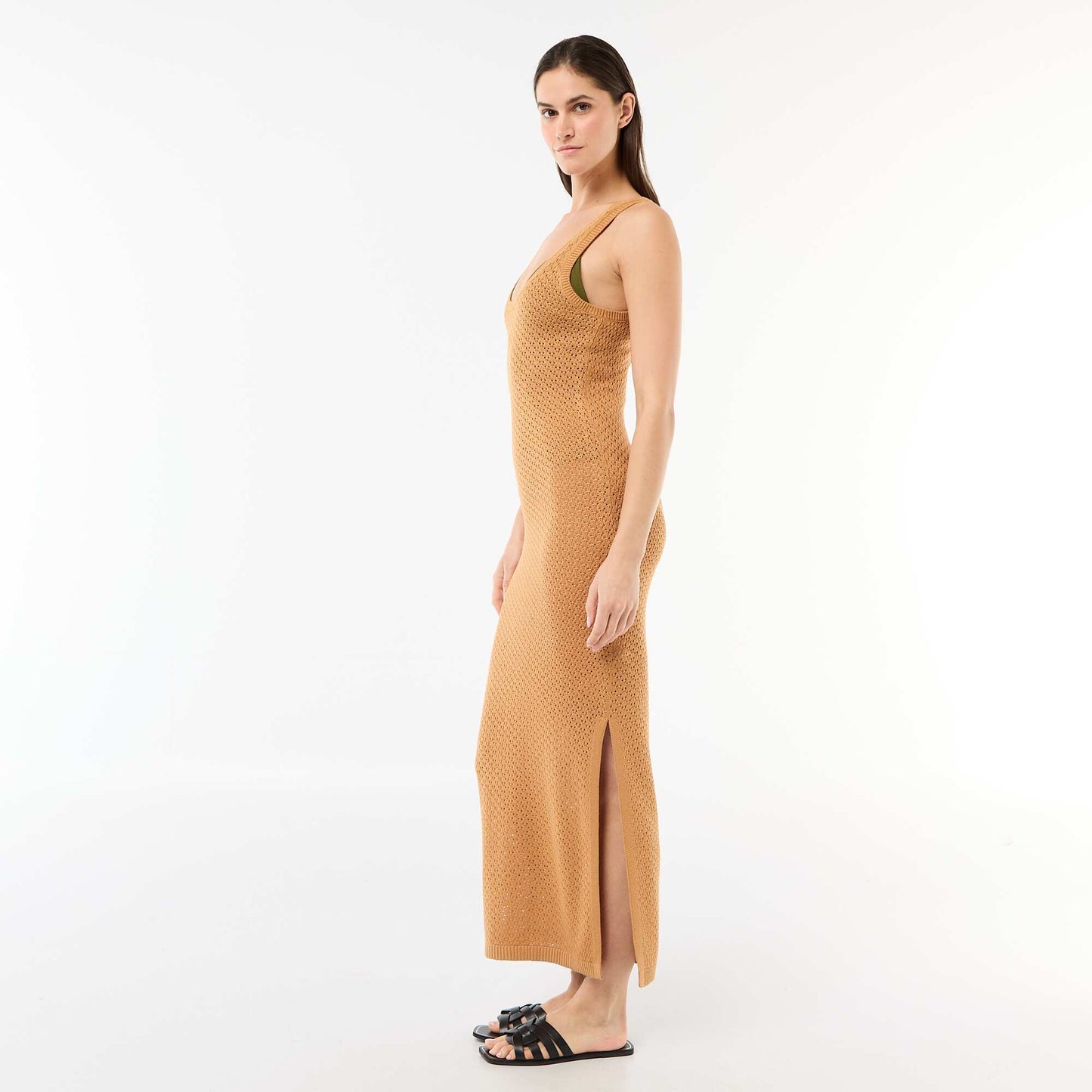 Robe longue de plage en maille crochet MARRON