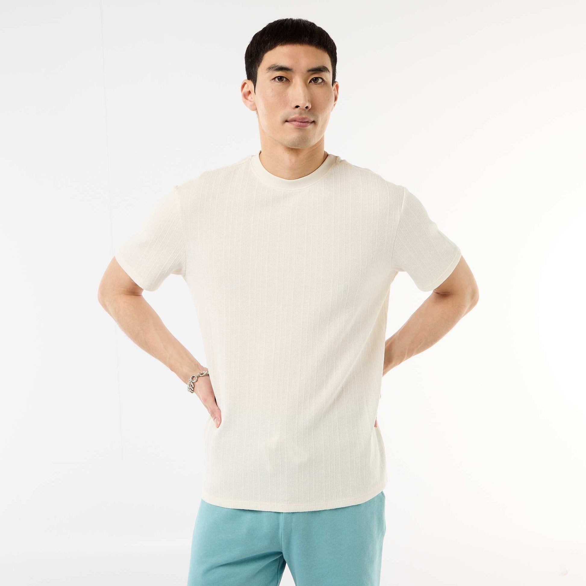 T-shirt uni à manches courtes en maille fantaisie BLANC