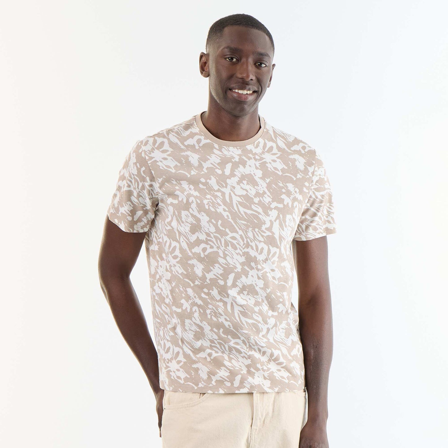 T-shirt en coton pour homme à col rond avec motif BEIGE