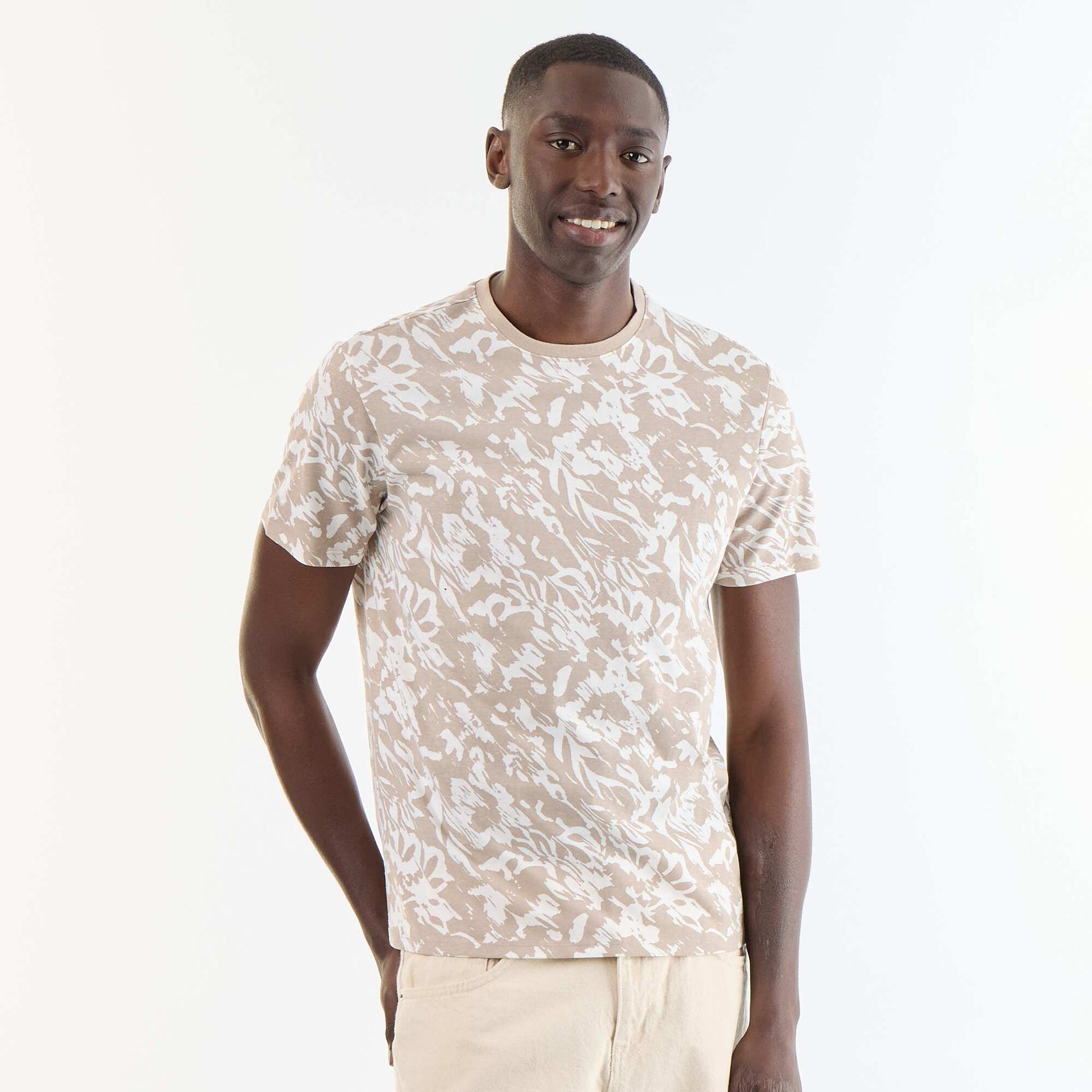 T-shirt en coton pour homme à col rond avec motif BEIGE