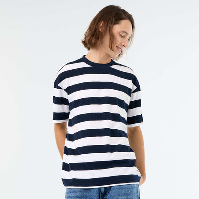 T-shirt homme en coton rayé à col rond BLEU