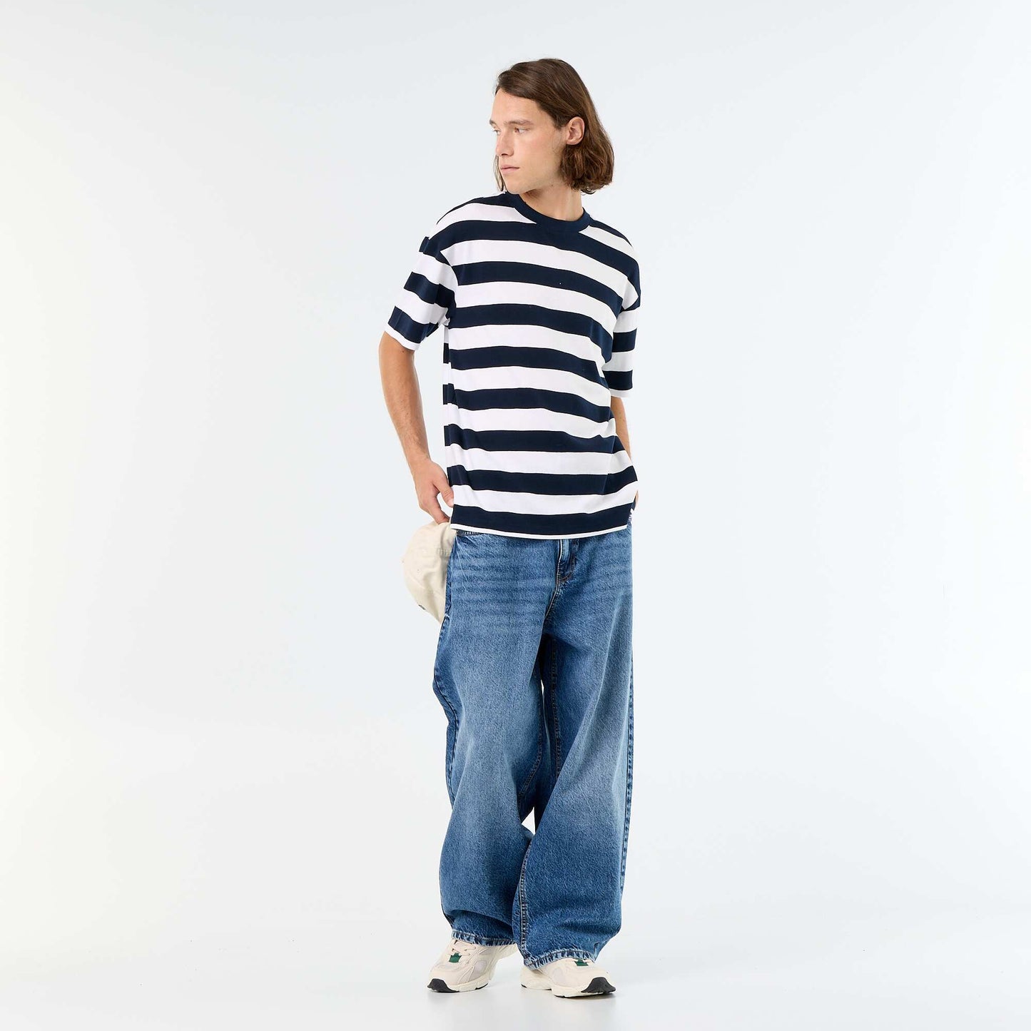 T-shirt homme en coton rayé à col rond BLEU