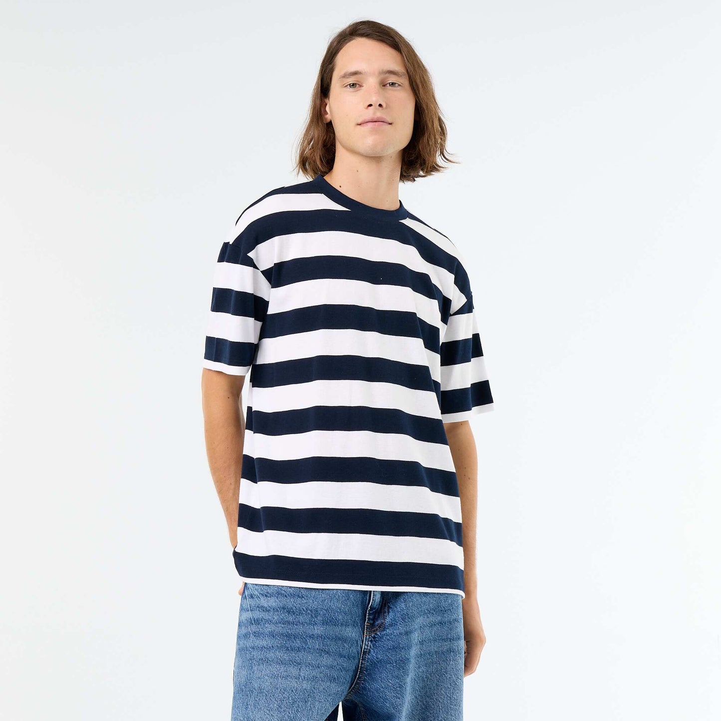 T-shirt homme en coton rayé à col rond BLEU
