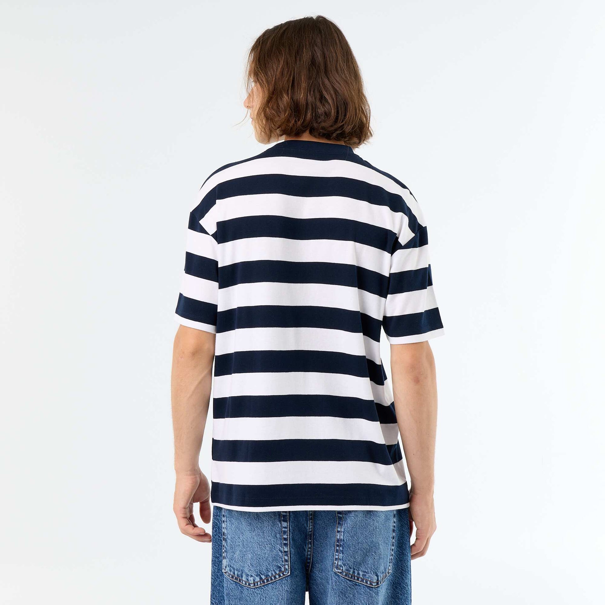 T-shirt homme en coton rayé à col rond BLEU