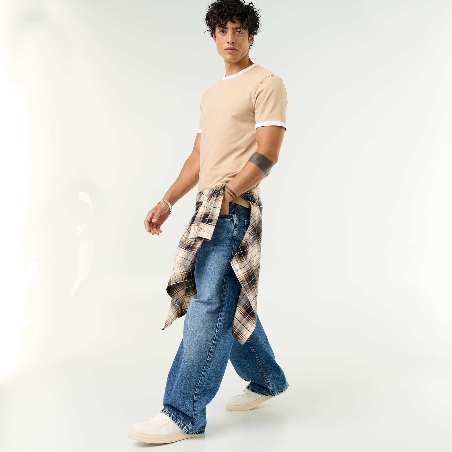 T-shirt en coton uni à col rond homme BEIGE