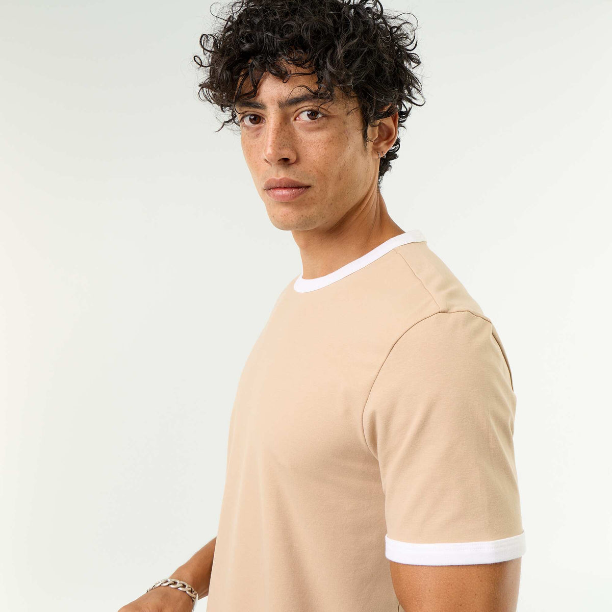 T-shirt en coton uni à col rond homme BEIGE