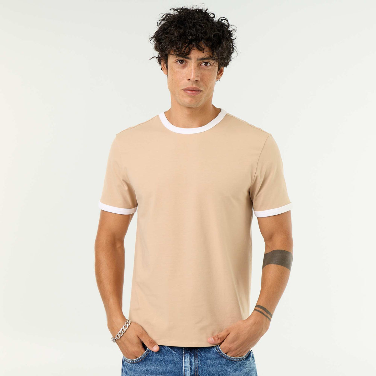 T-shirt en coton uni à col rond homme BEIGE