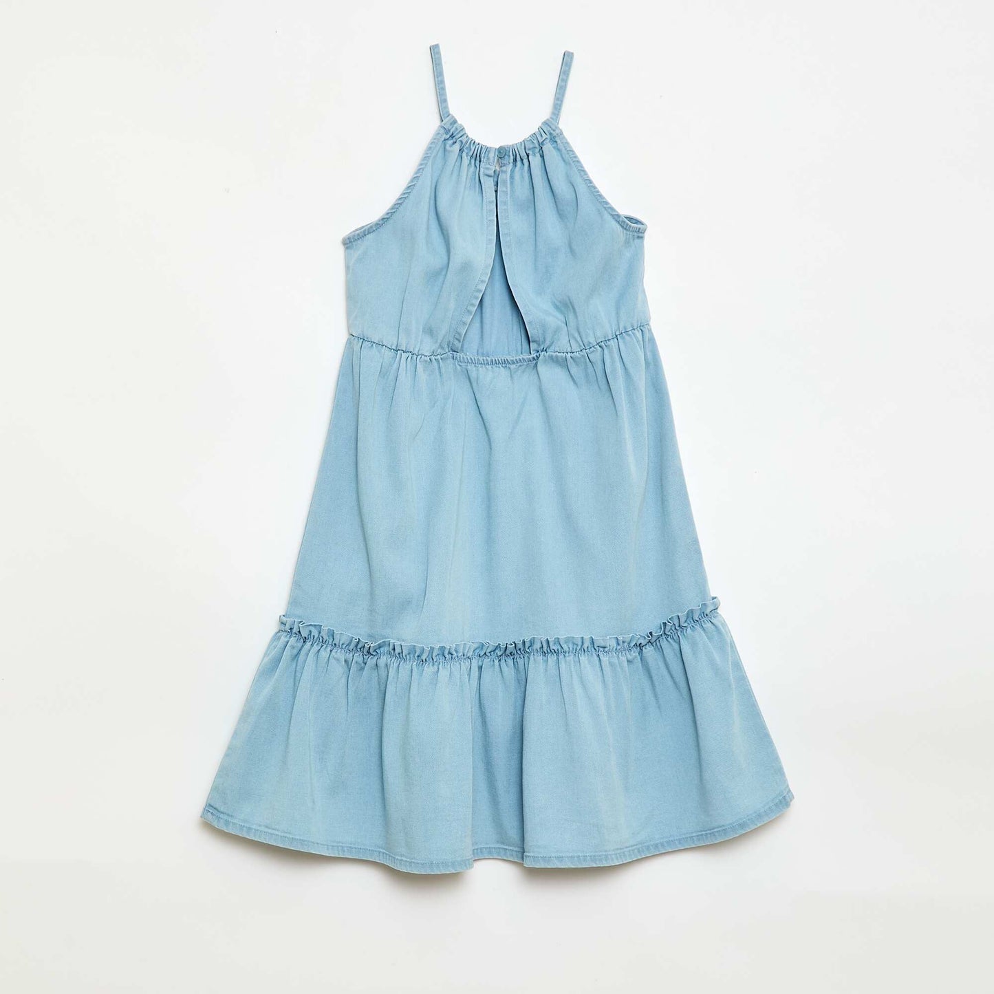 Robe unie à bretelles et volants BLEU