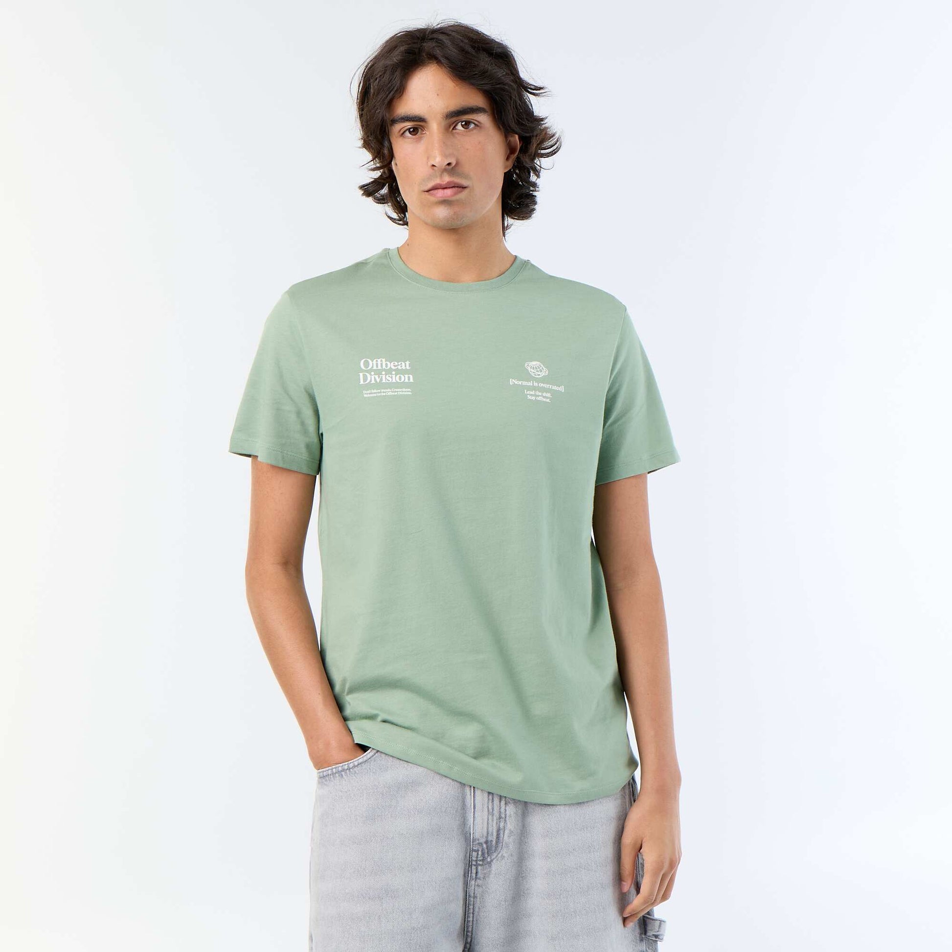 T-shirt homme en coton imprimé à col rond VERT