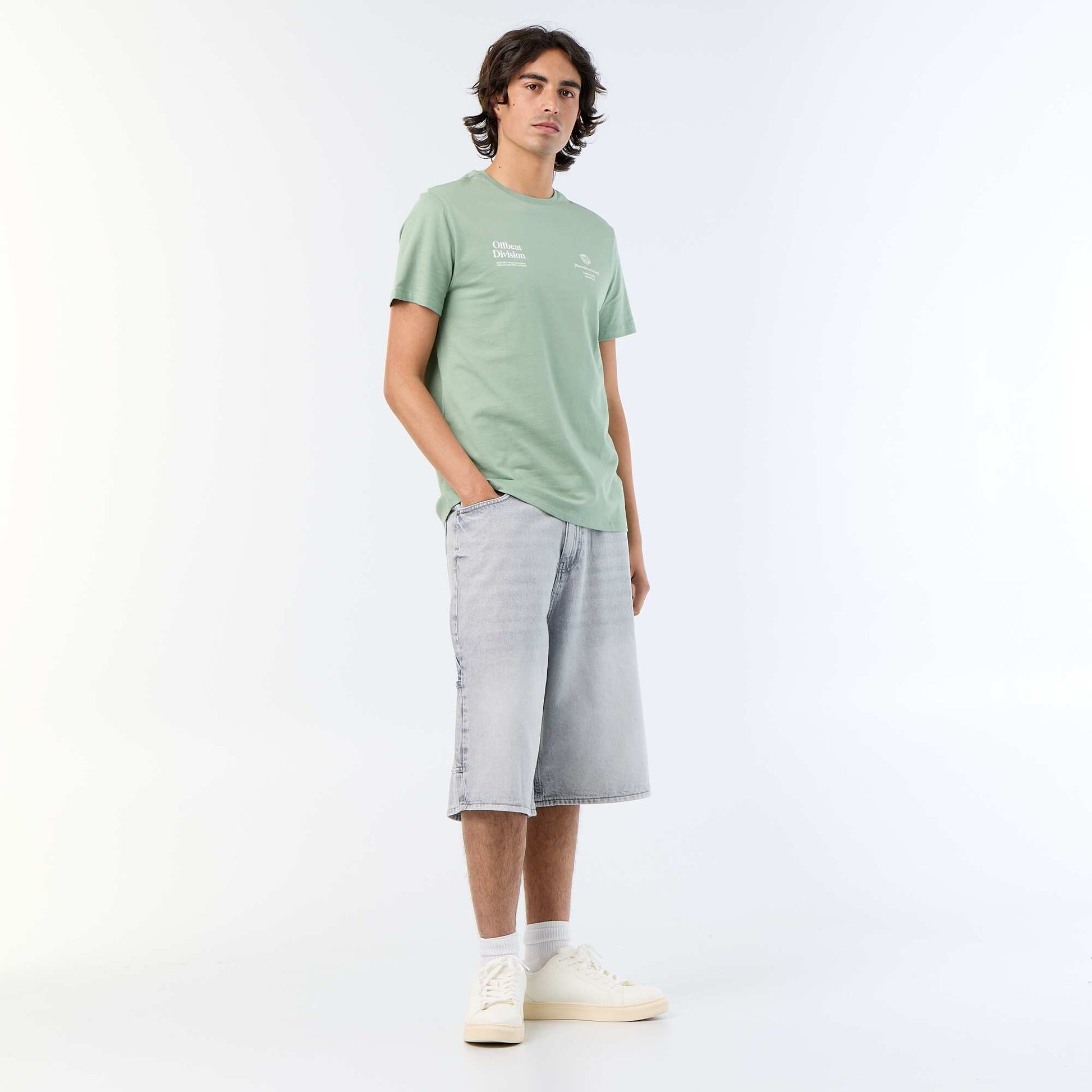 T-shirt homme en coton imprimé à col rond VERT