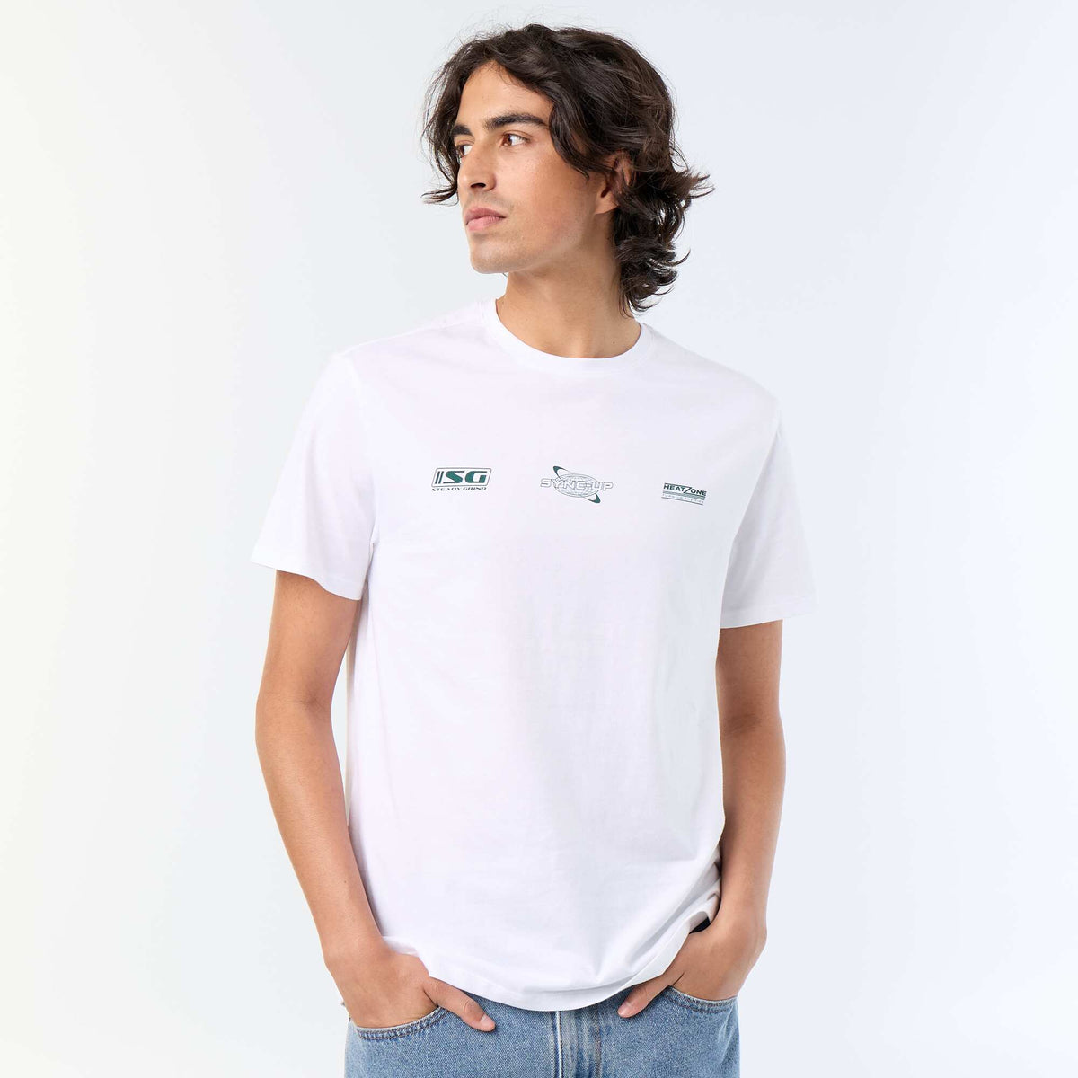 T-shirt homme en coton imprimé à col rond BLANC