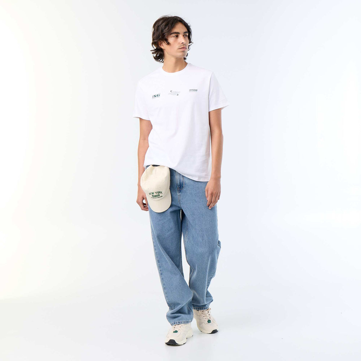 T-shirt homme en coton imprimé à col rond BLANC