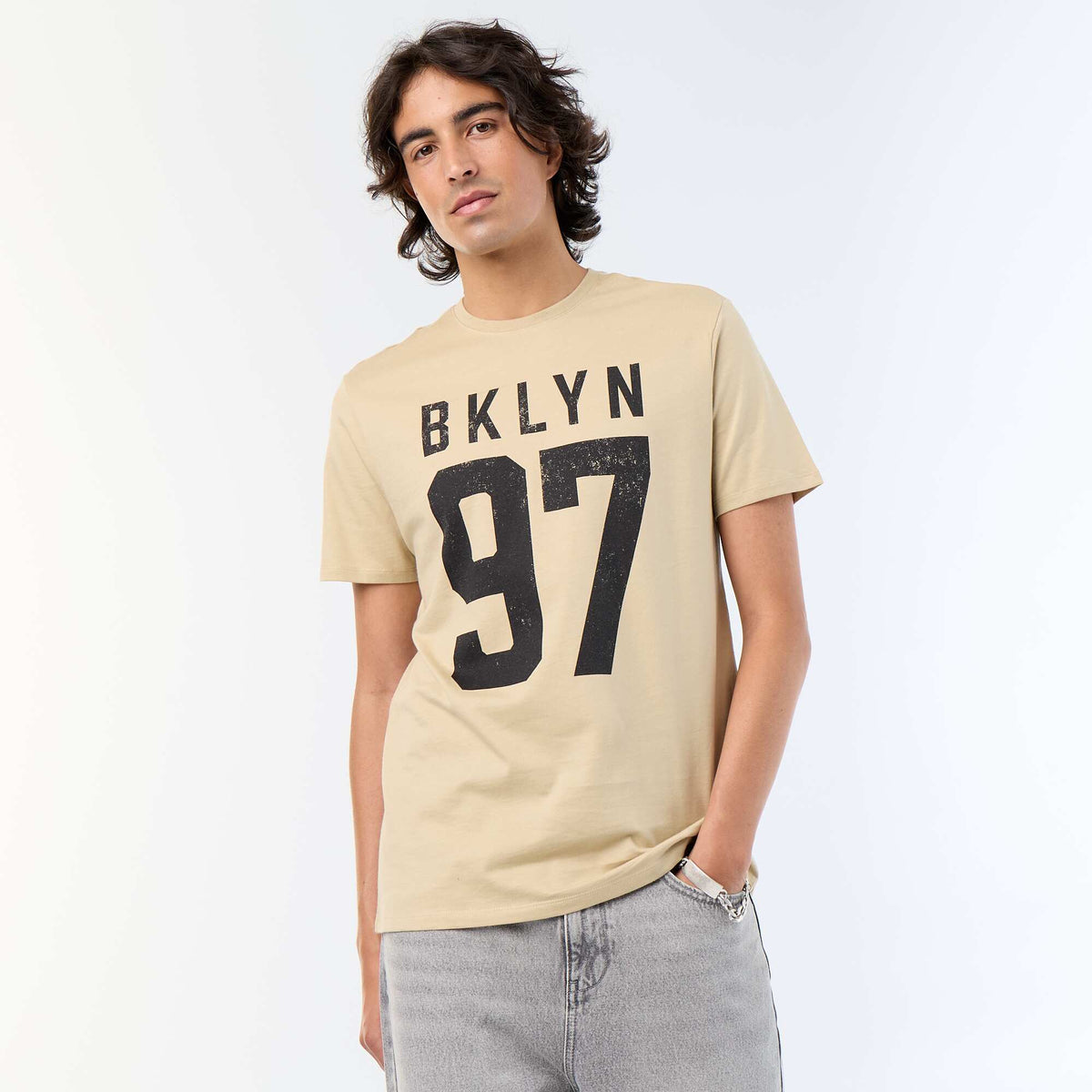 T-shirt en coton à col rond imprimé pour homme BEIGE