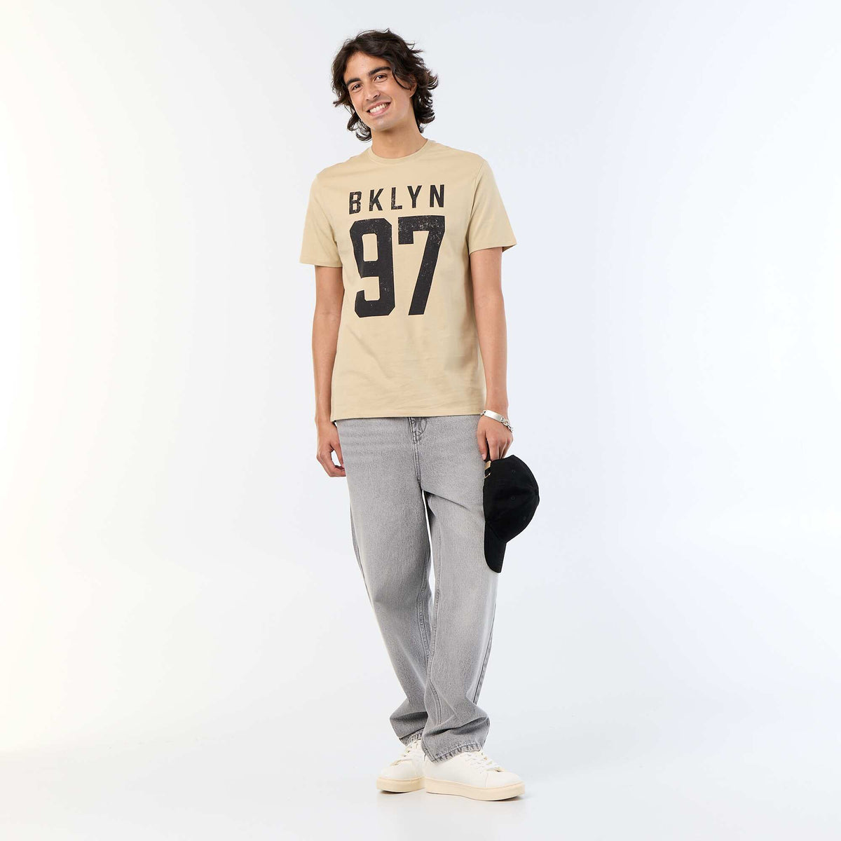 T-shirt en coton à col rond imprimé pour homme BEIGE