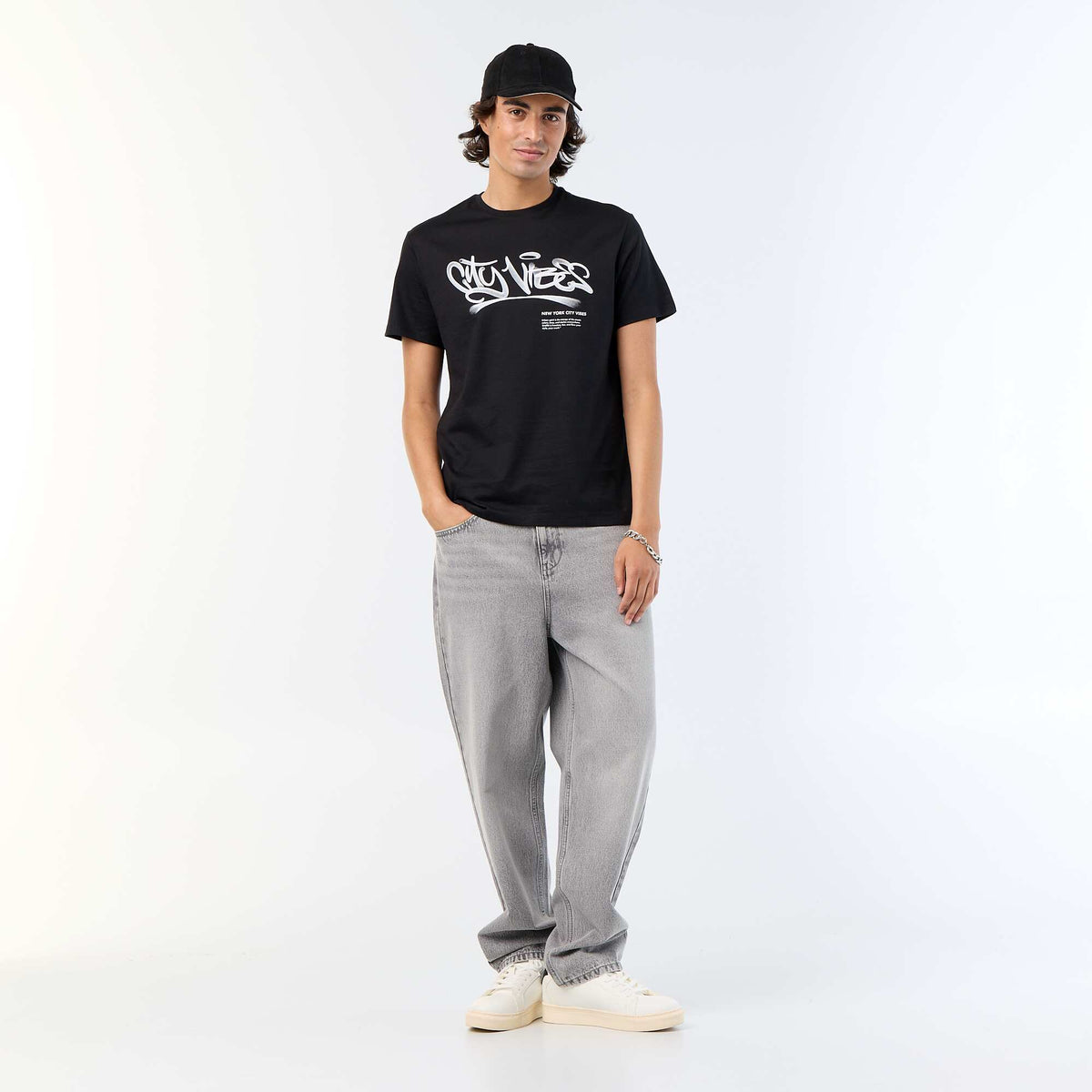 T-shirt en coton imprimé pour homme à col rond NOIR
