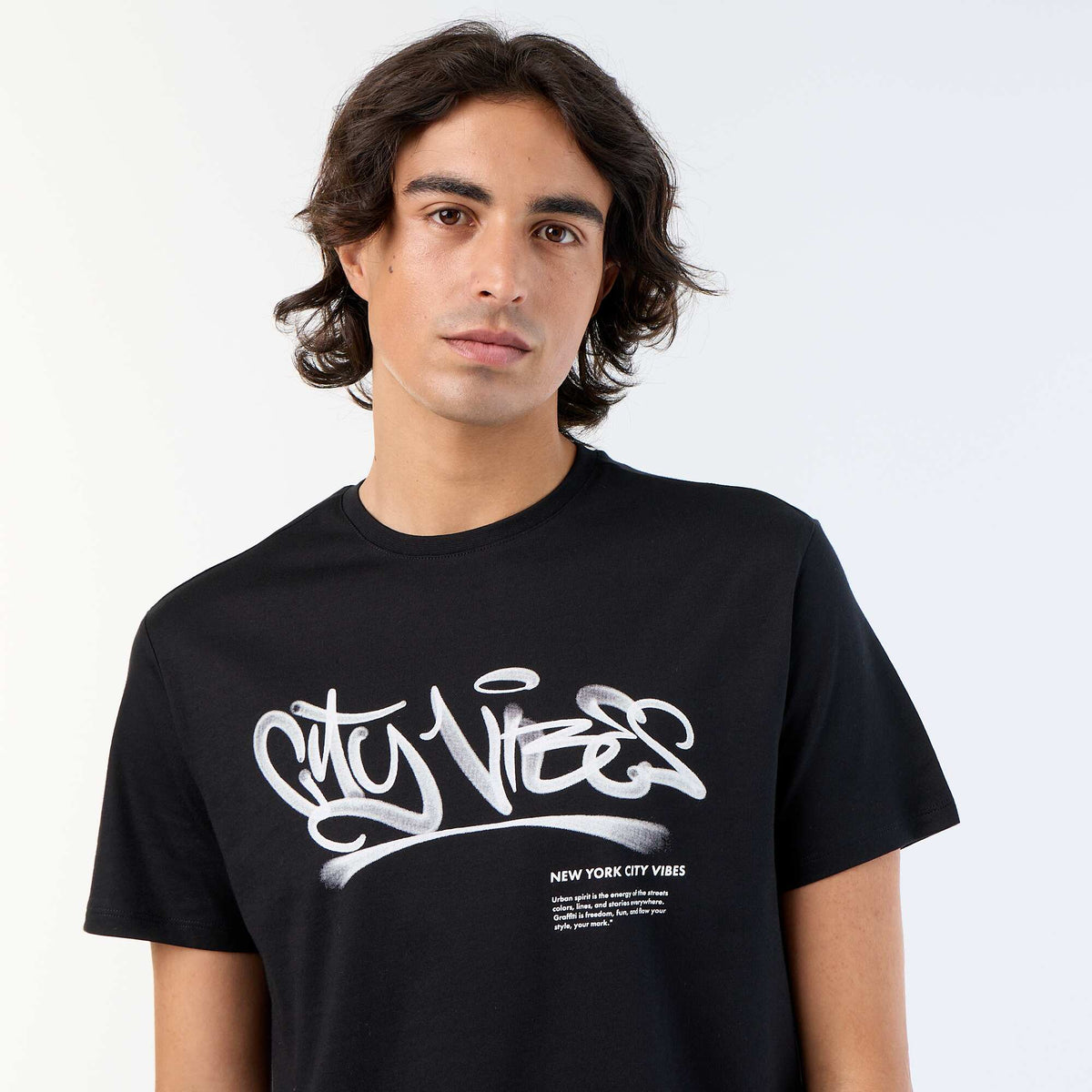 T-shirt en coton imprimé pour homme à col rond NOIR