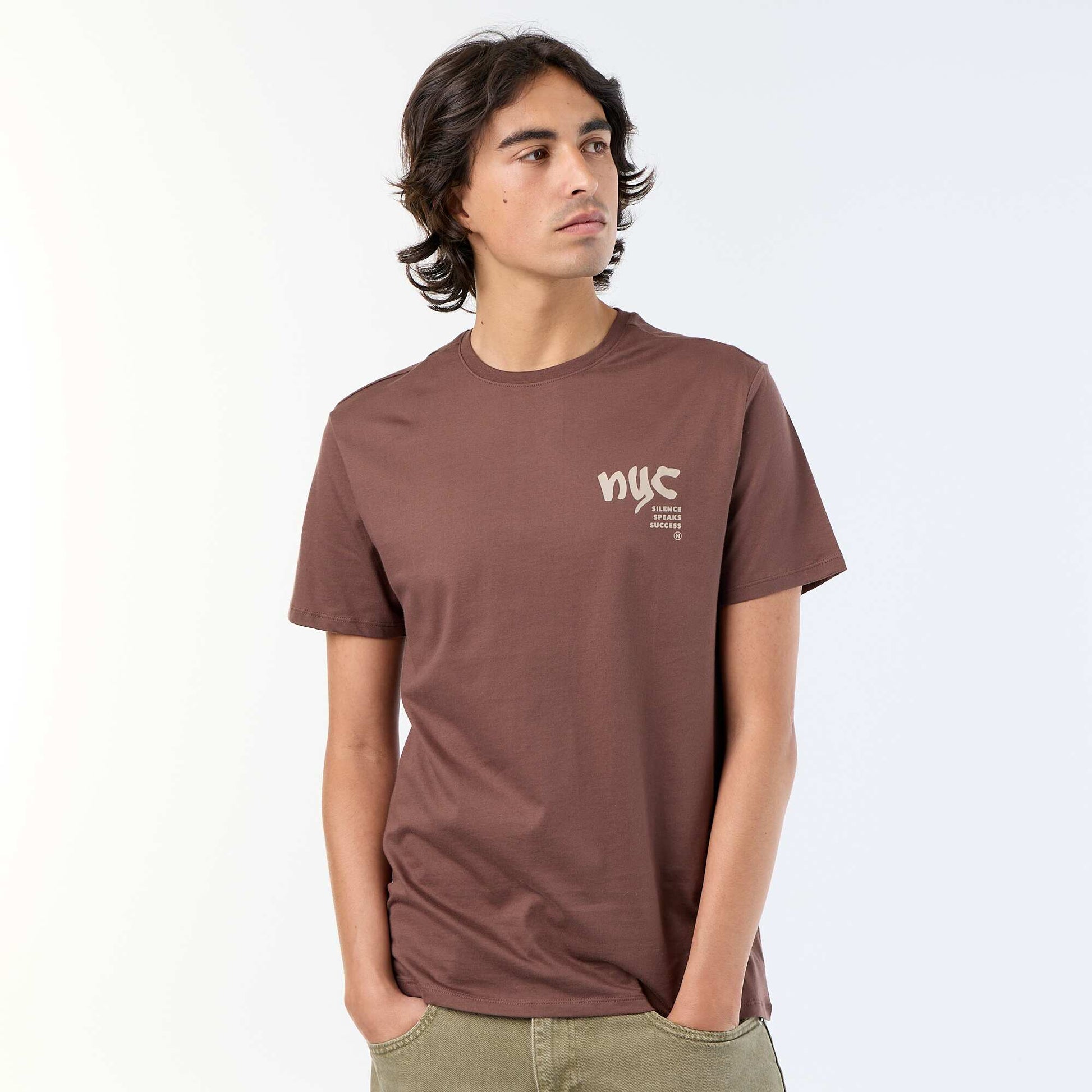 T-shirt homme en coton imprimé à col rond MARRON