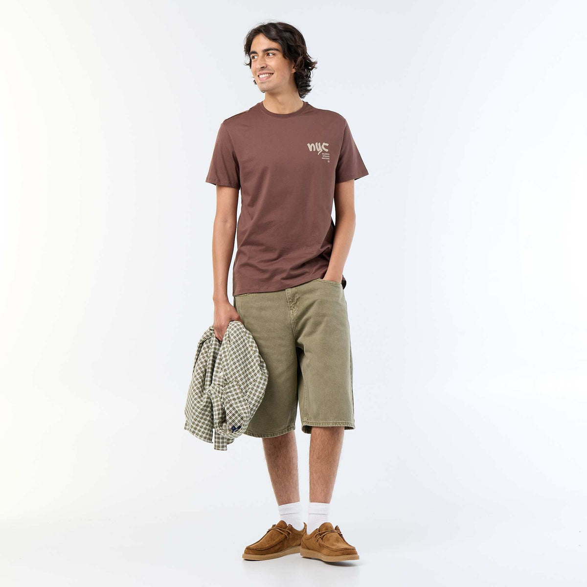 T-shirt homme en coton imprimé à col rond MARRON